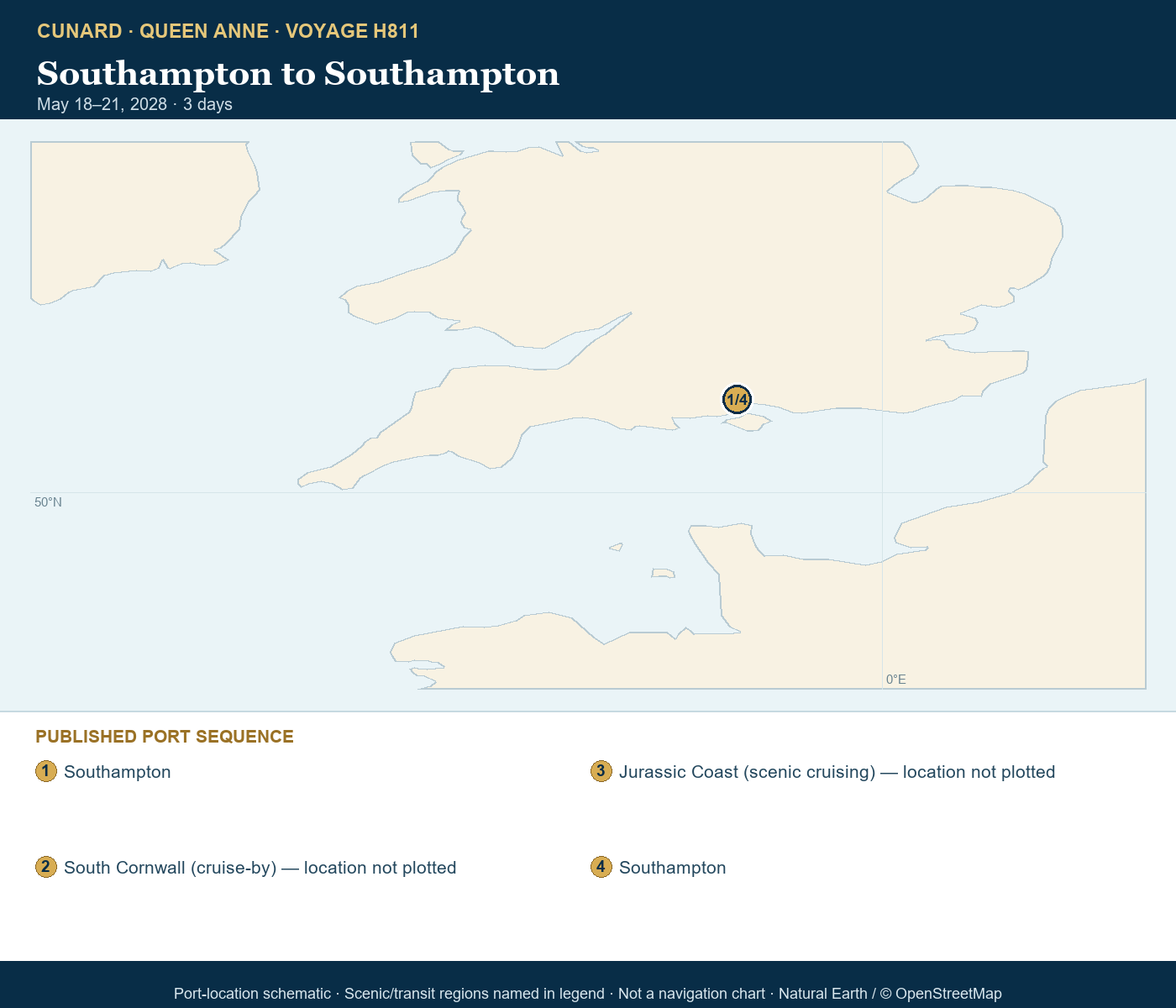 Queen Anne Voyage H811 schematic itinerary map: Southampton, England, UK, South Cornwall, England, UK (Cruise-by), Jurassic Coast Scenic Cruising, United Kingdom, Southampton, England, UK