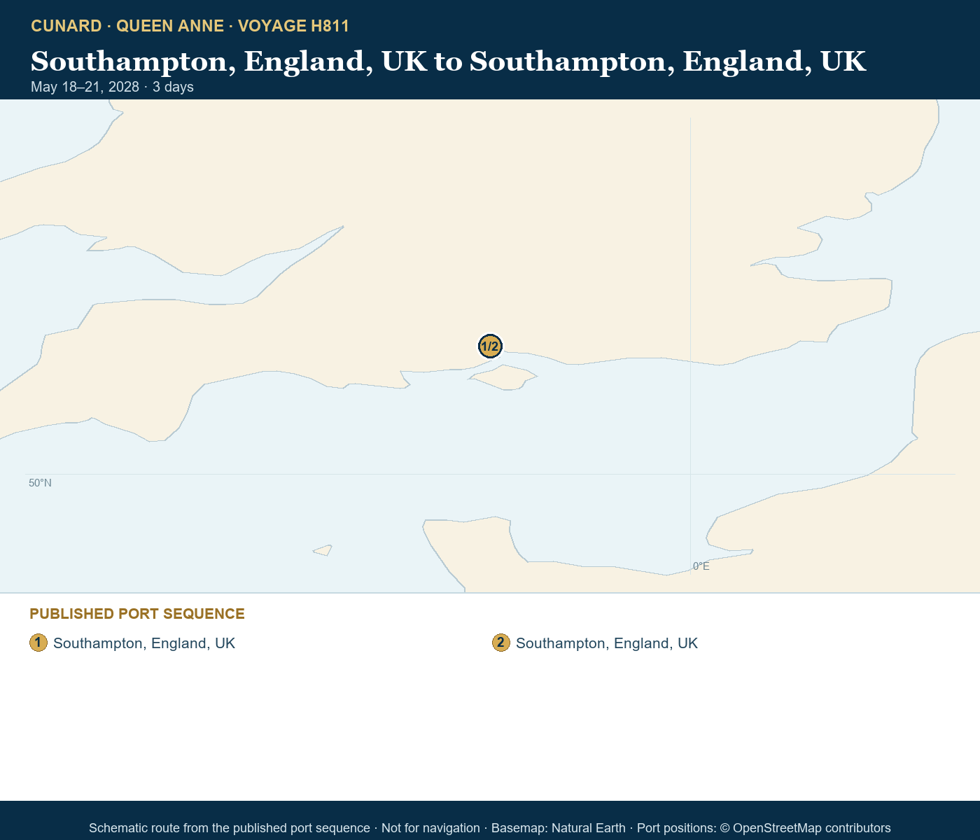 Queen Anne Voyage H811 itinerary route map for Southampton, England, UK to Southampton, England, UK