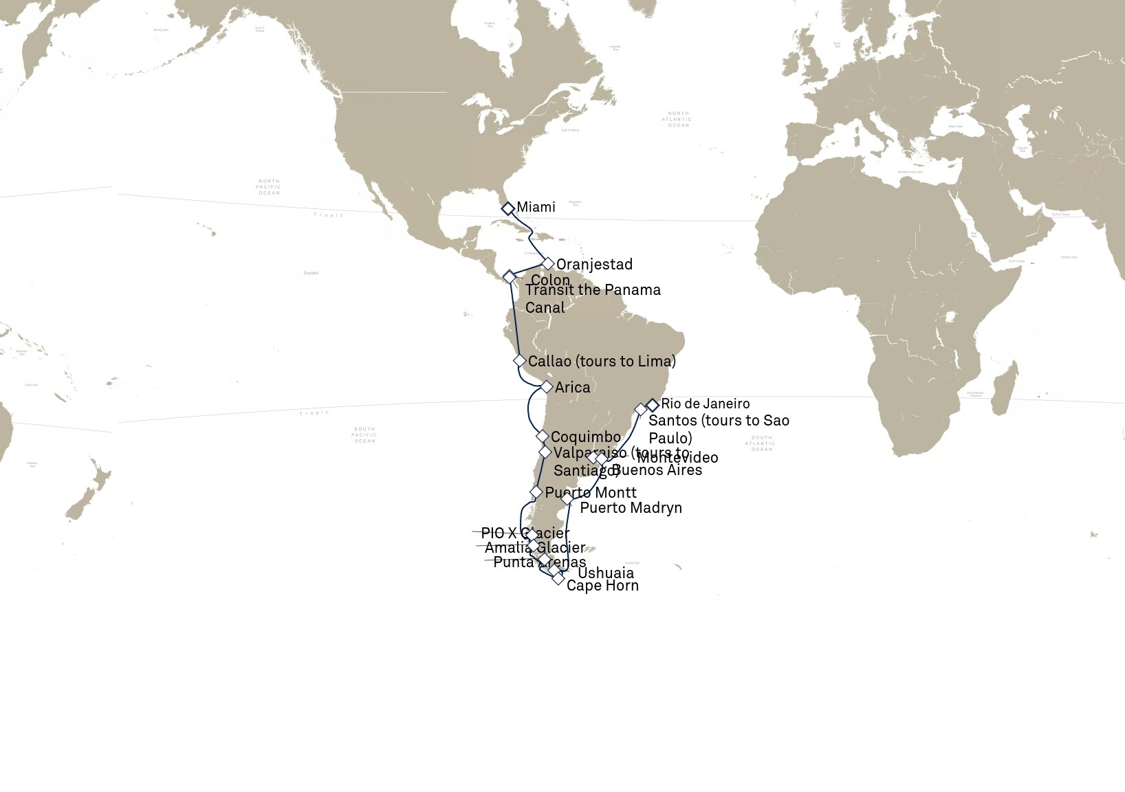 Queen Anne Voyage H905B itinerary map: Rio de Janeiro, Brazil to Miami, FL, USA, February 10-March 23, 2029