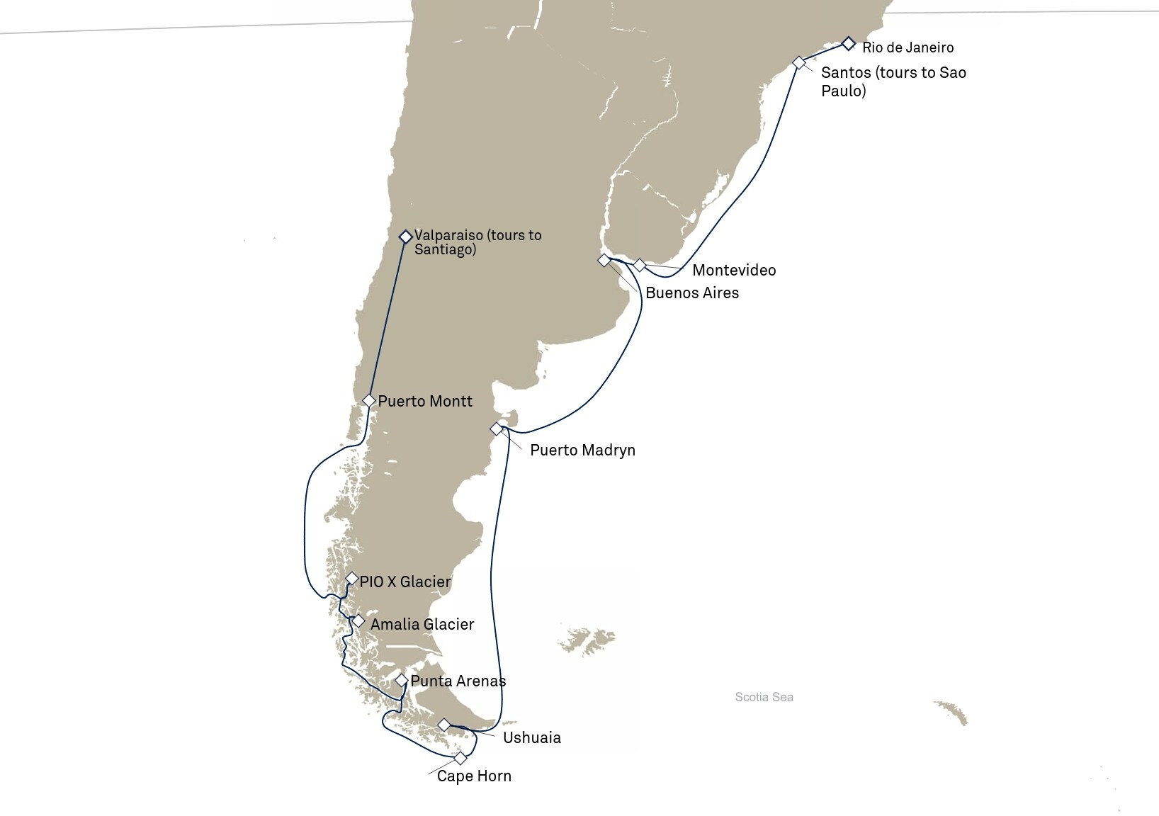 Queen Anne Voyage H905 itinerary map: Rio de Janeiro, Brazil to Valparaiso (tours to Santiago) , Chile, February 10-March 5, 2029
