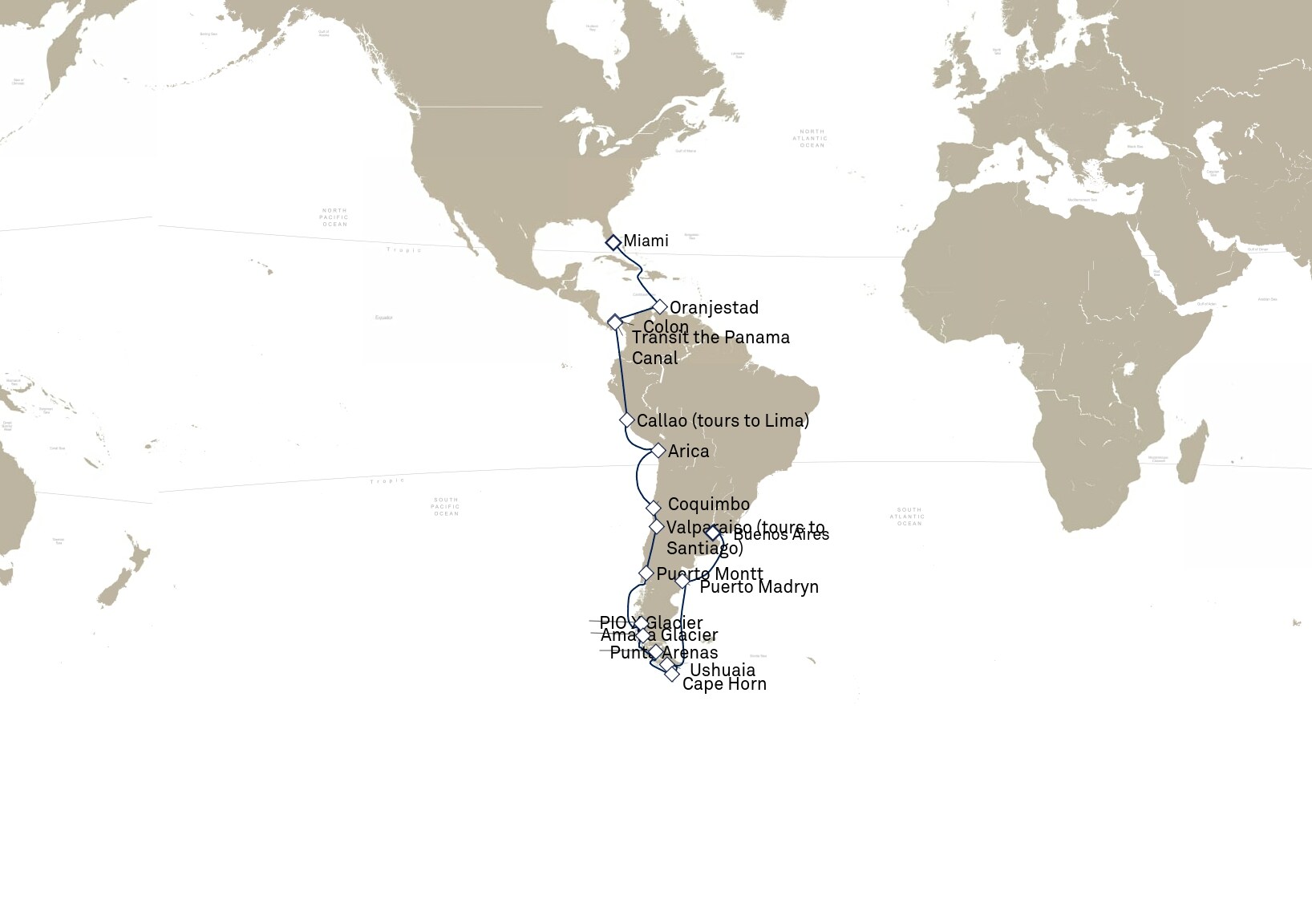 Queen Anne Voyage H905D itinerary map: Buenos Aires, Argentina to Miami, FL, USA, February 17-March 23, 2029
