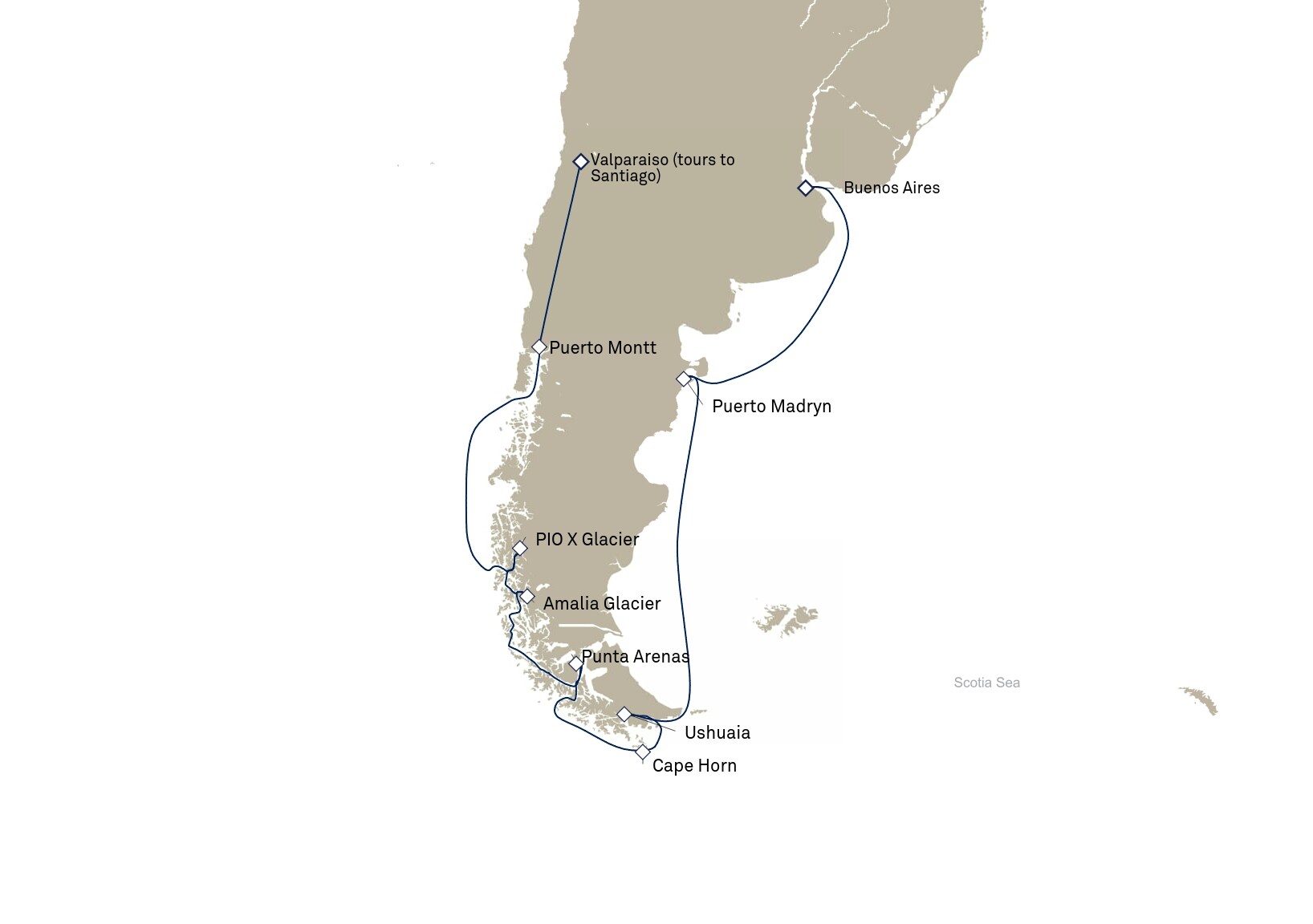 Queen Anne Voyage H905C itinerary map: Buenos Aires, Argentina to Valparaiso (tours to Santiago) , Chile, February 17-March 5, 2029