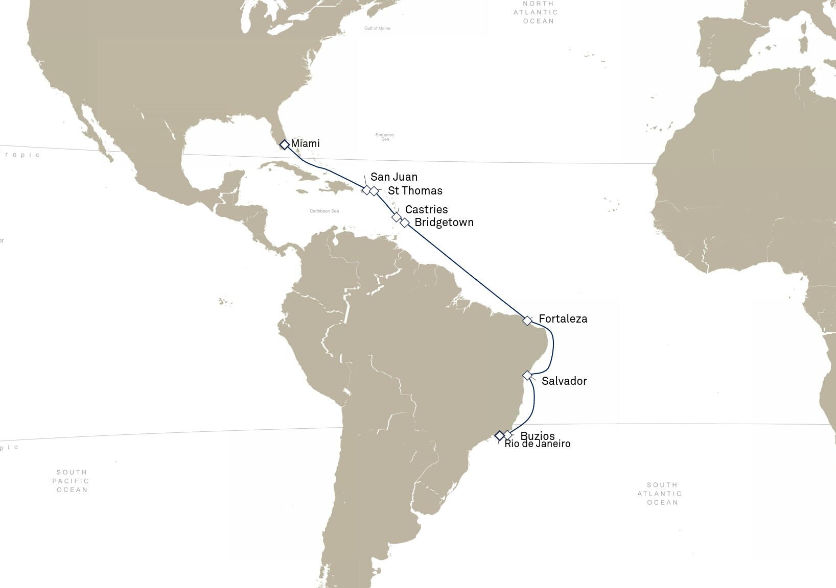Queen Anne Voyage H904 itinerary map: Miami, FL, USA to Rio de Janeiro, Brazil, January 22-February 10, 2029