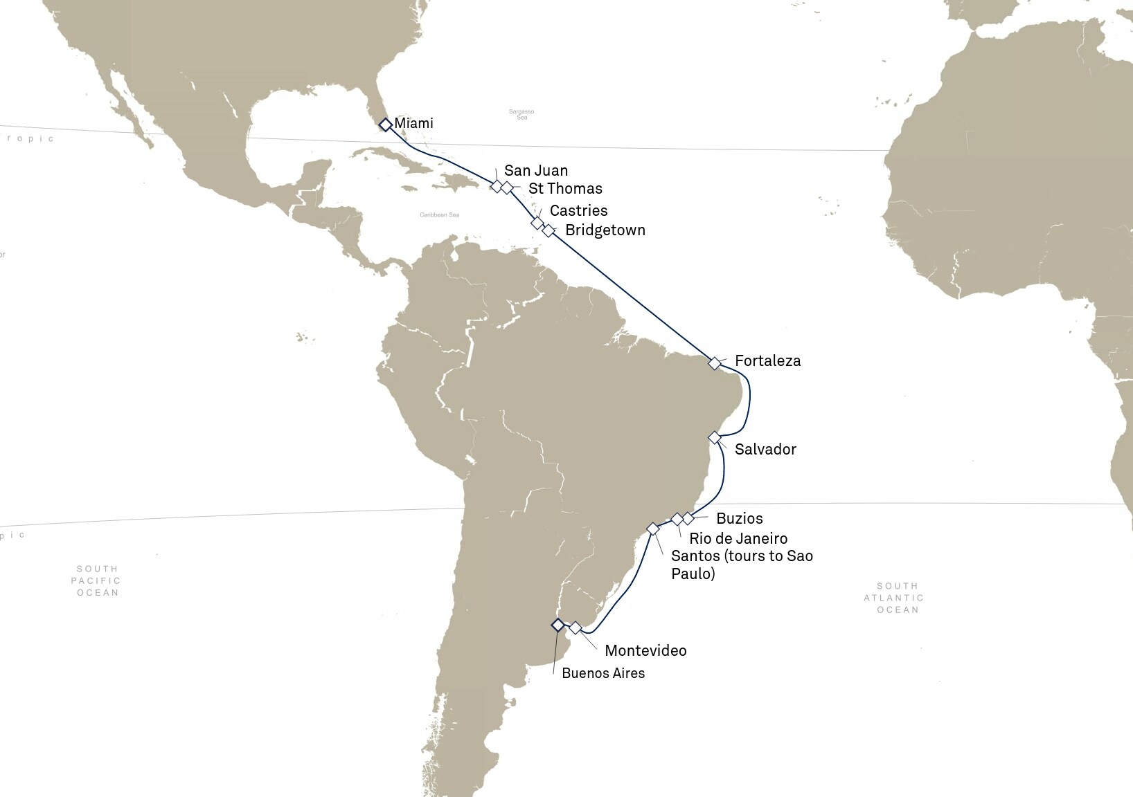 Queen Anne Voyage H904A itinerary map: Miami, FL, USA to Buenos Aires, Argentina, January 22-February 17, 2029