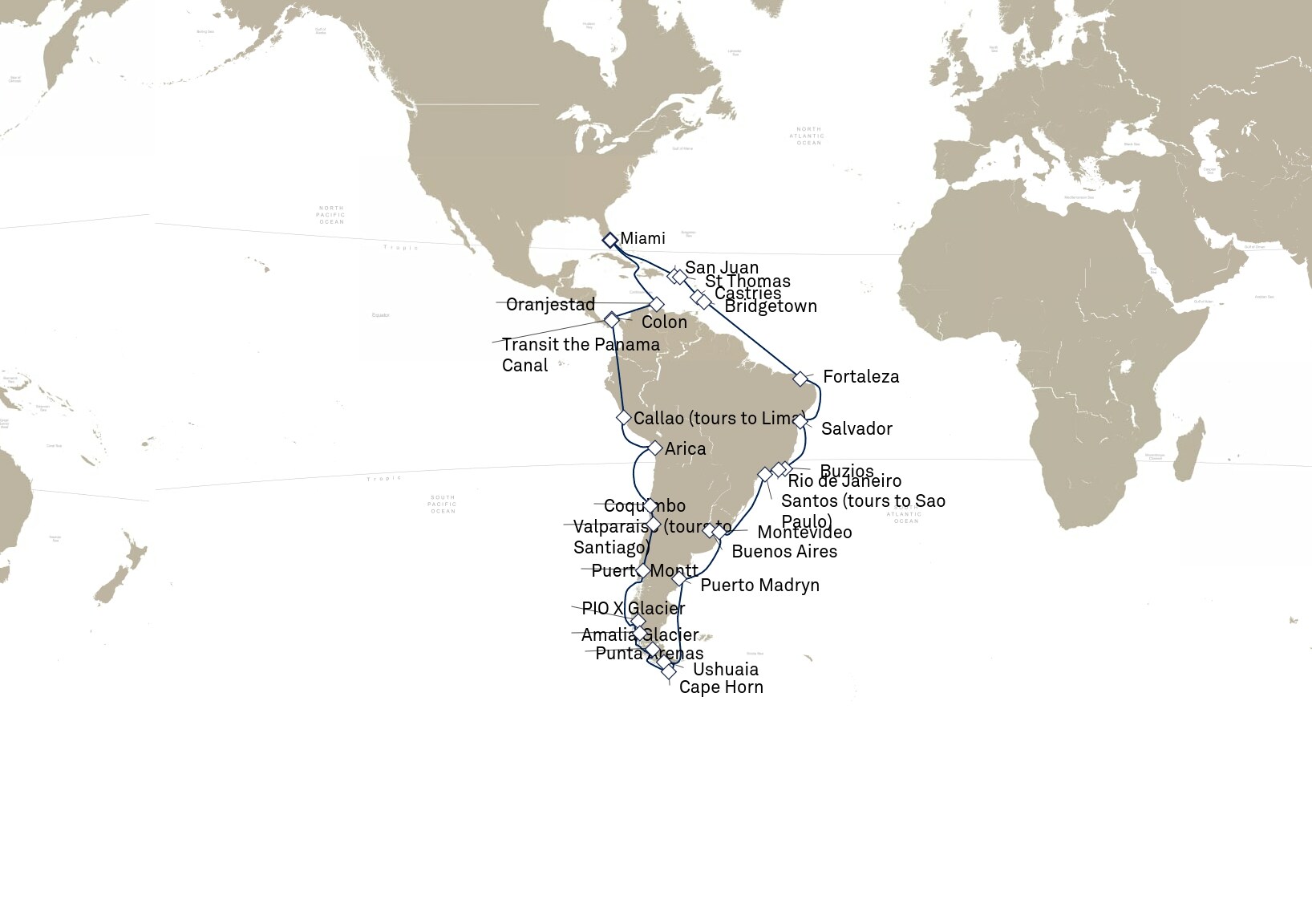 Queen Anne Voyage H904C itinerary map: Miami, FL, USA to Miami, FL, USA, January 22-March 23, 2029