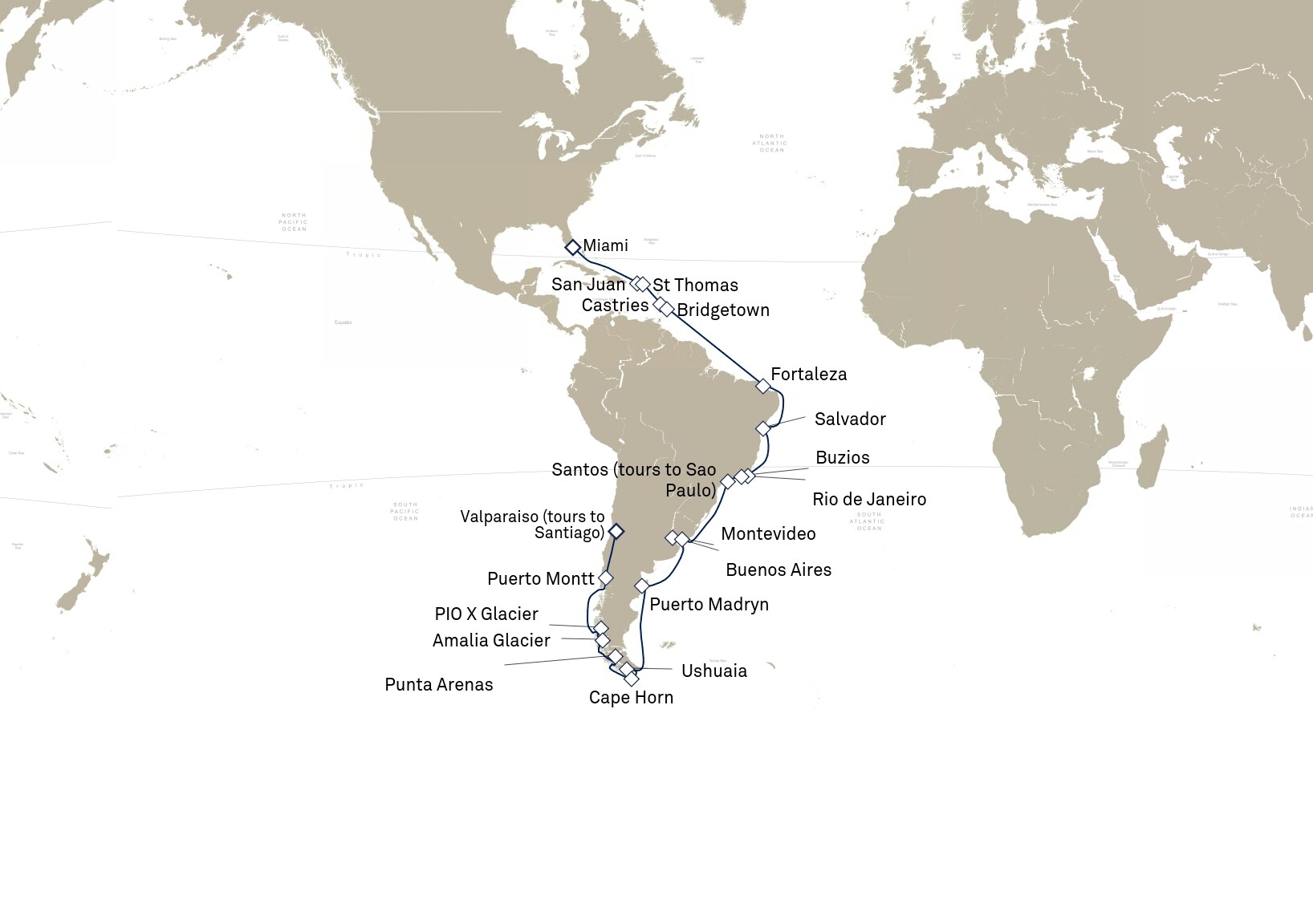 Queen Anne Voyage H904B itinerary map: Miami, FL, USA to Valparaiso (tours to Santiago) , Chile, January 22-March 5, 2029