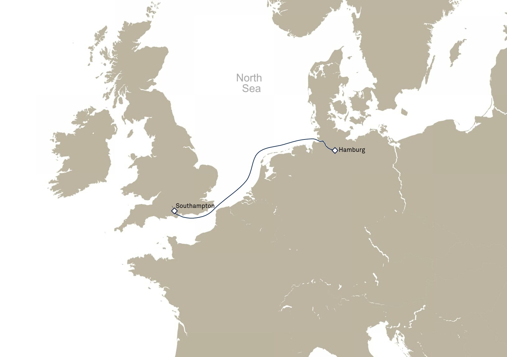 Queen Anne Voyage H902A itinerary map: Southampton, England, UK to Hamburg, Germany, January 5-7, 2029