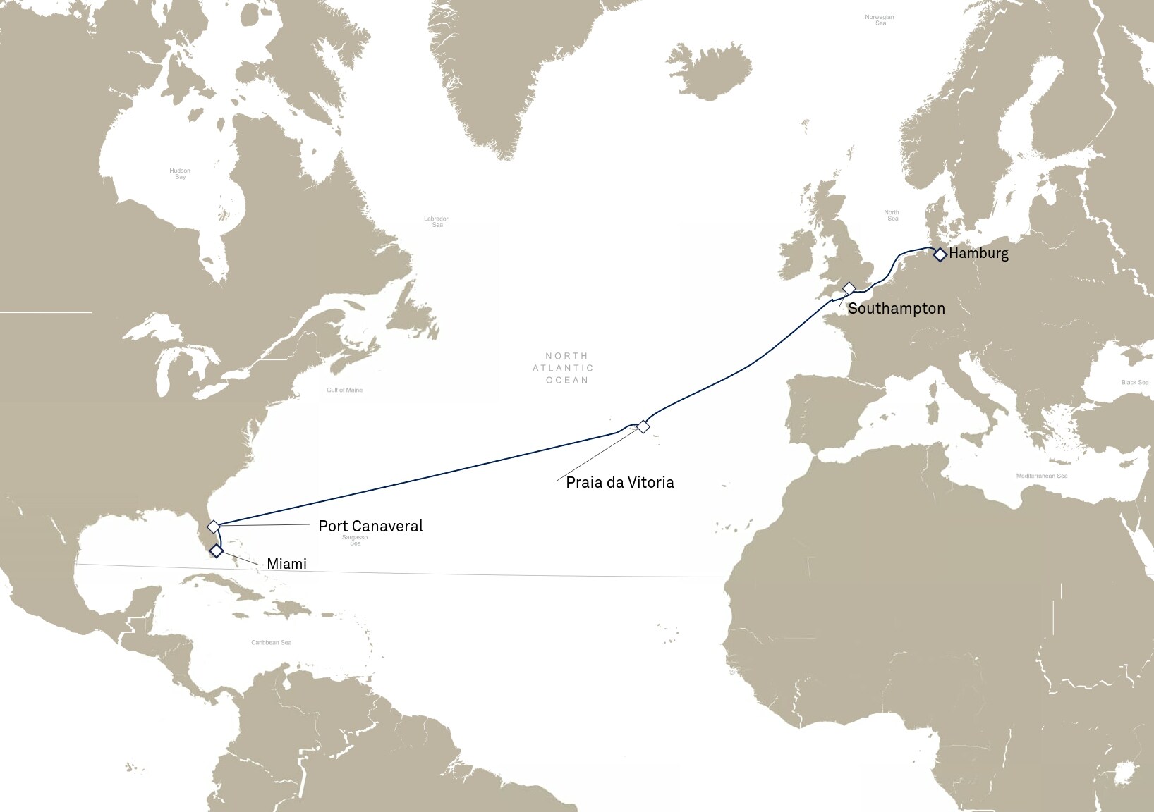 Queen Anne Voyage H902C itinerary map: Hamburg, Germany to Miami, FL, USA, January 7-22, 2029
