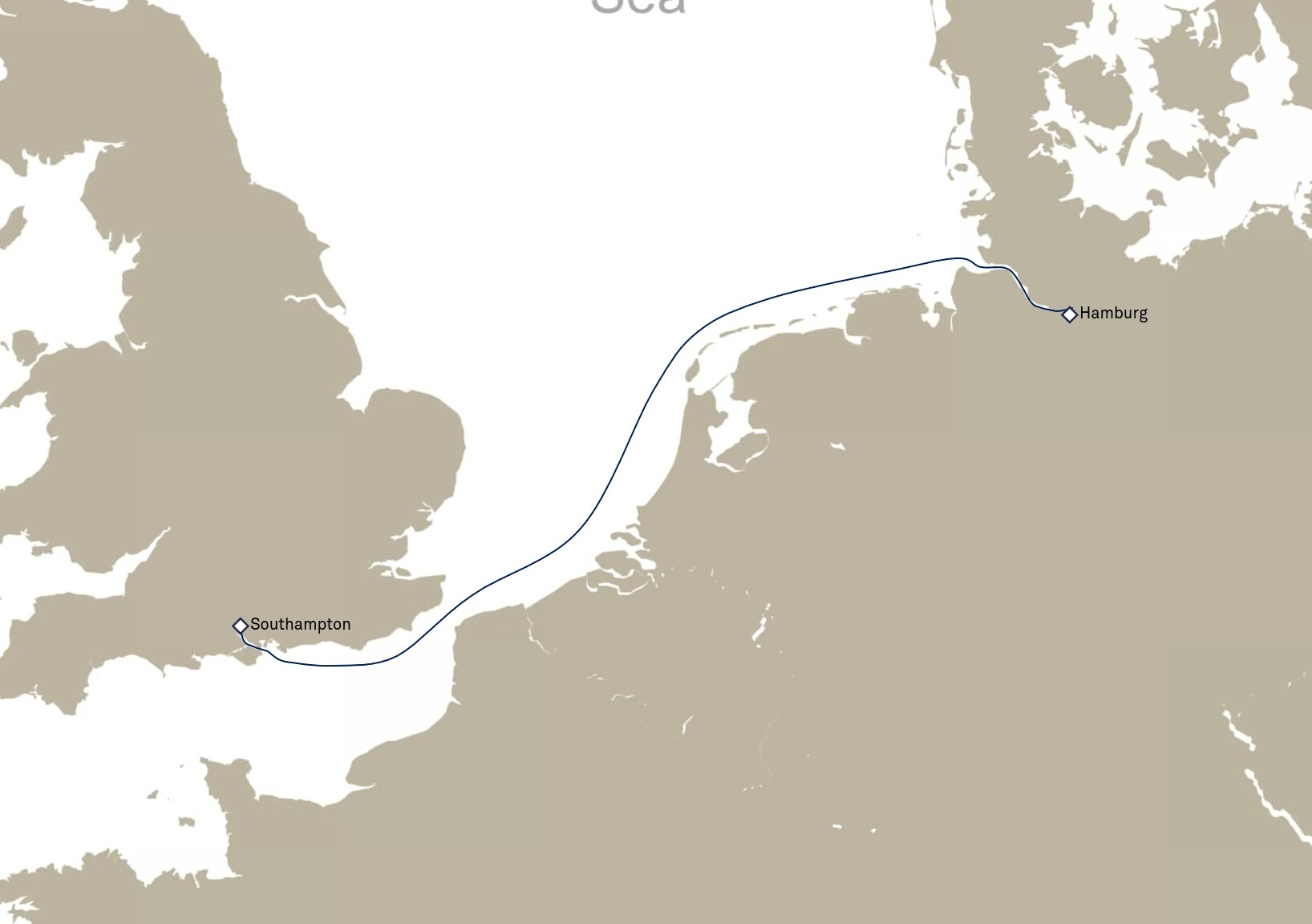 Queen Anne Voyage H902B itinerary map: Hamburg, Germany to Southampton, England, UK, January 7-9, 2029