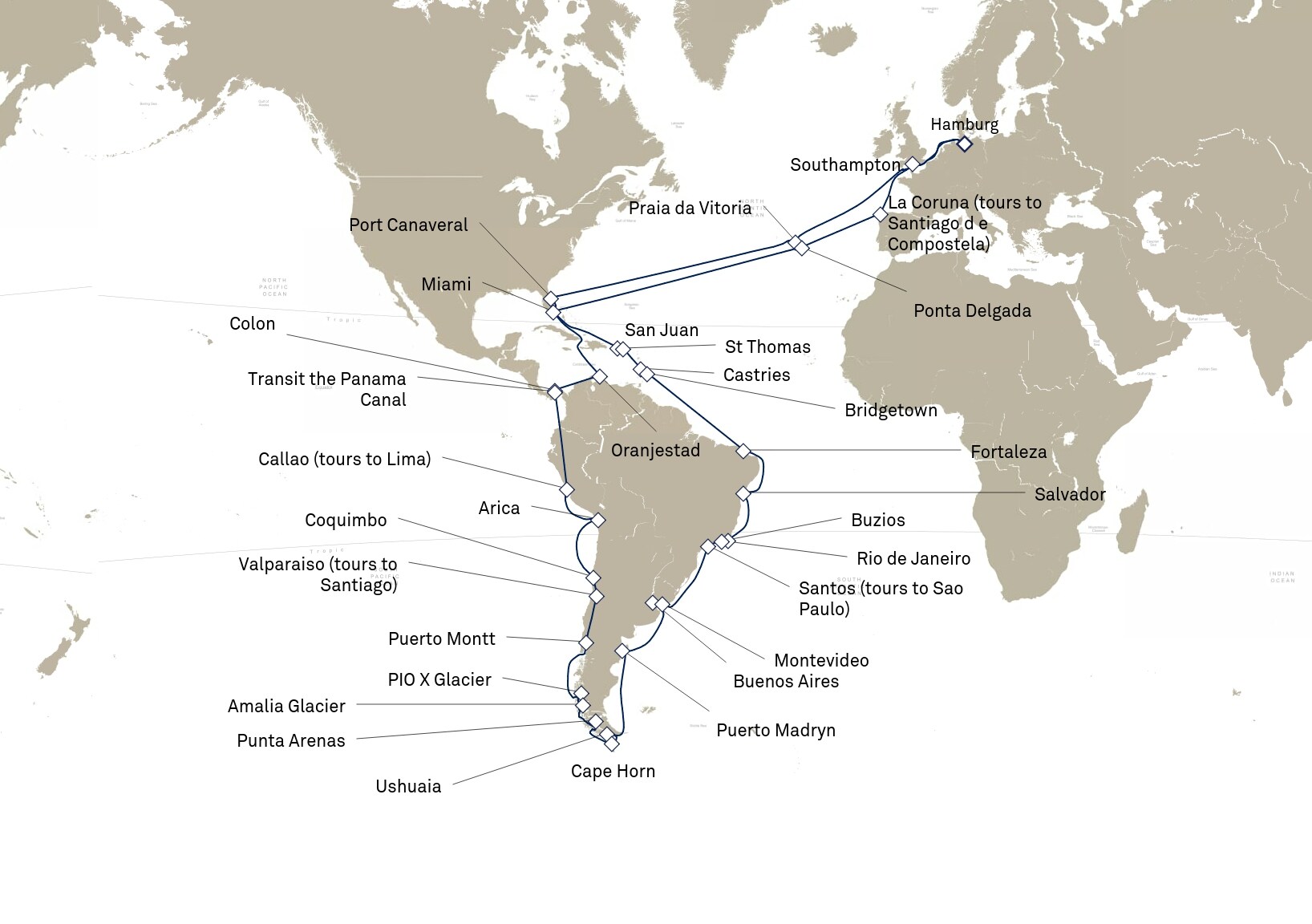 Queen Anne Voyage H902E itinerary map: Hamburg, Germany to Hamburg, Germany, January 7-April 7, 2029