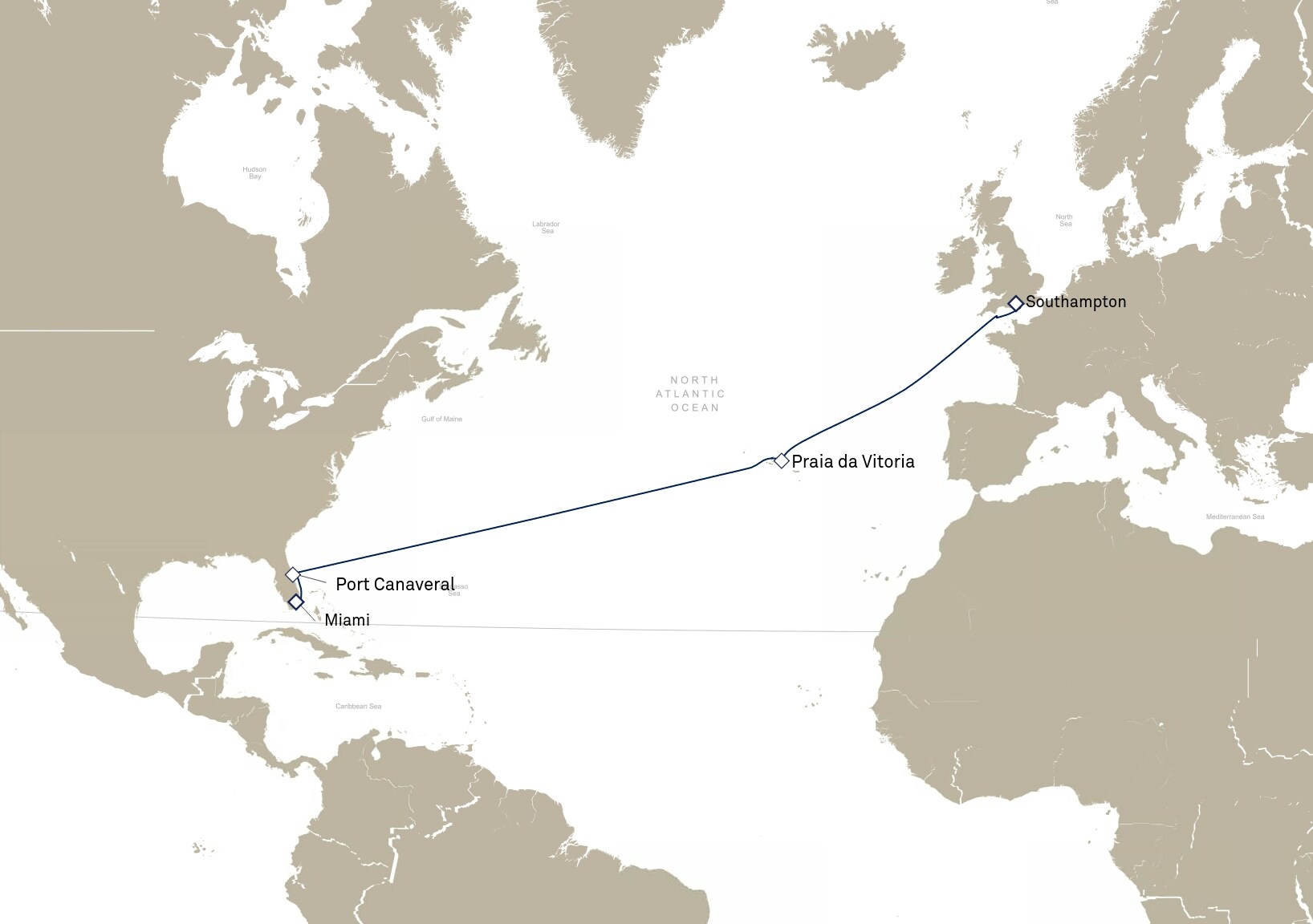 Queen Anne Voyage H903 itinerary map: Southampton, England, UK to Miami, FL, USA, January 9-22, 2029