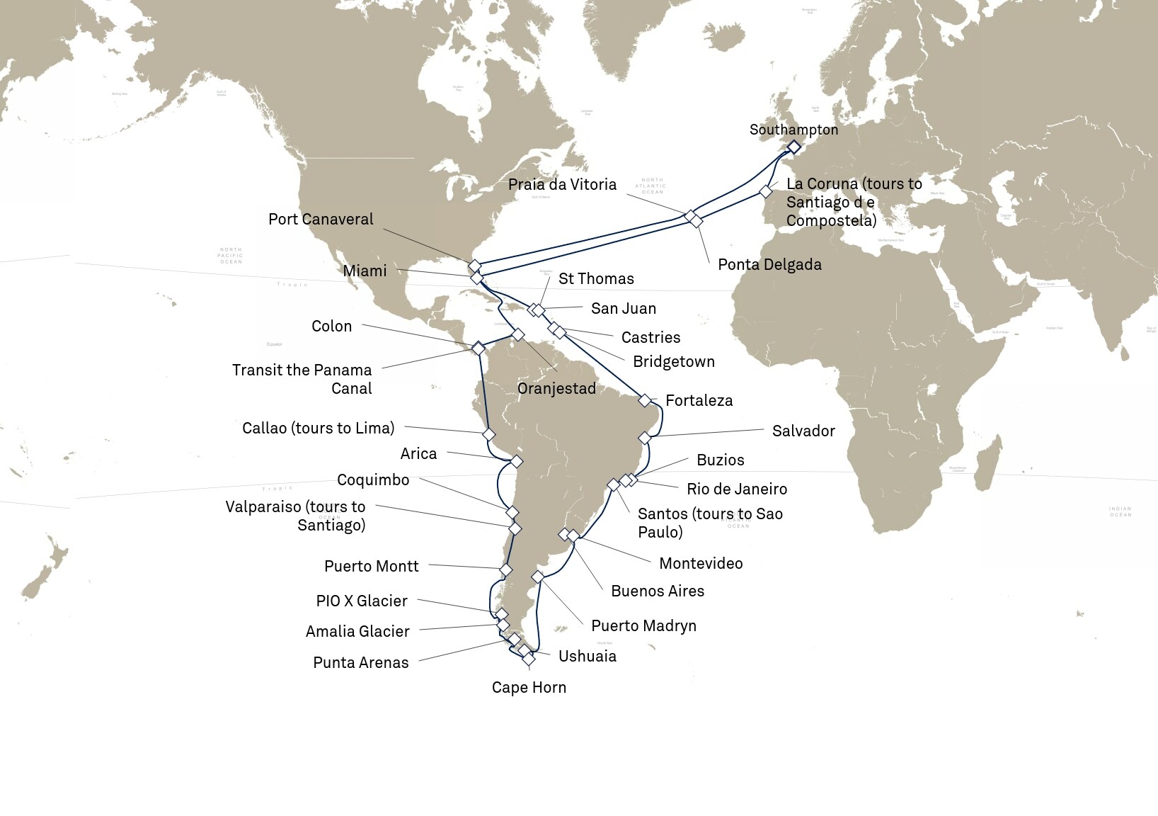 Queen Anne Voyage H903B itinerary map: Southampton, England, UK to Southampton, England, UK, January 9-April 5, 2029