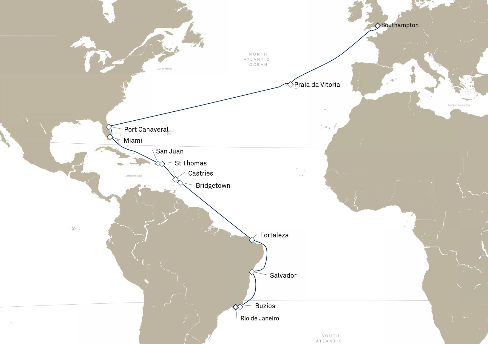 Queen Anne Voyage H903A itinerary map: Southampton, England, UK to Rio de Janeiro, Brazil, January 9-February 10, 2029