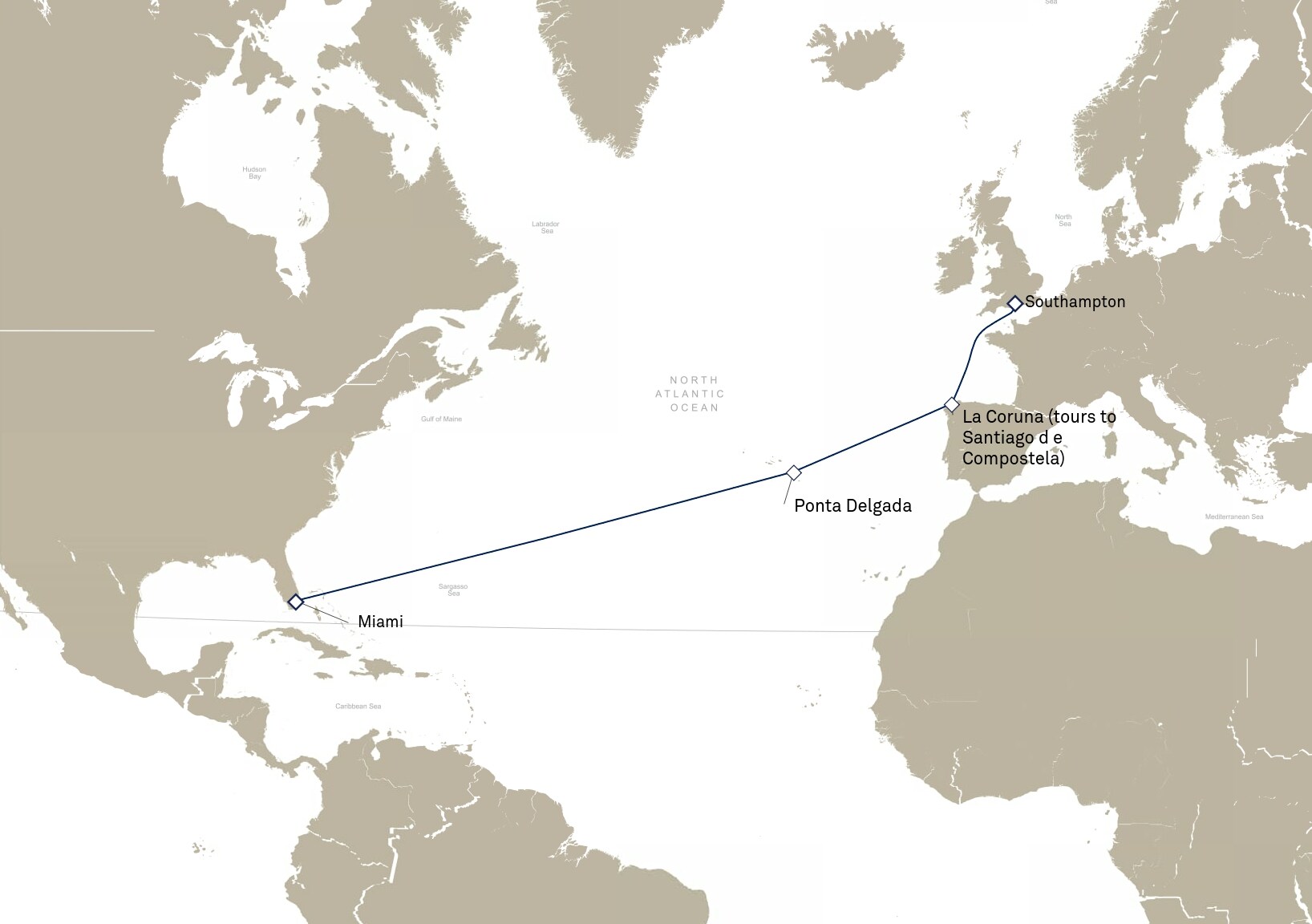Queen Anne Voyage H907 itinerary map: Miami, FL, USA to Southampton, England, UK, March 23-April 5, 2029