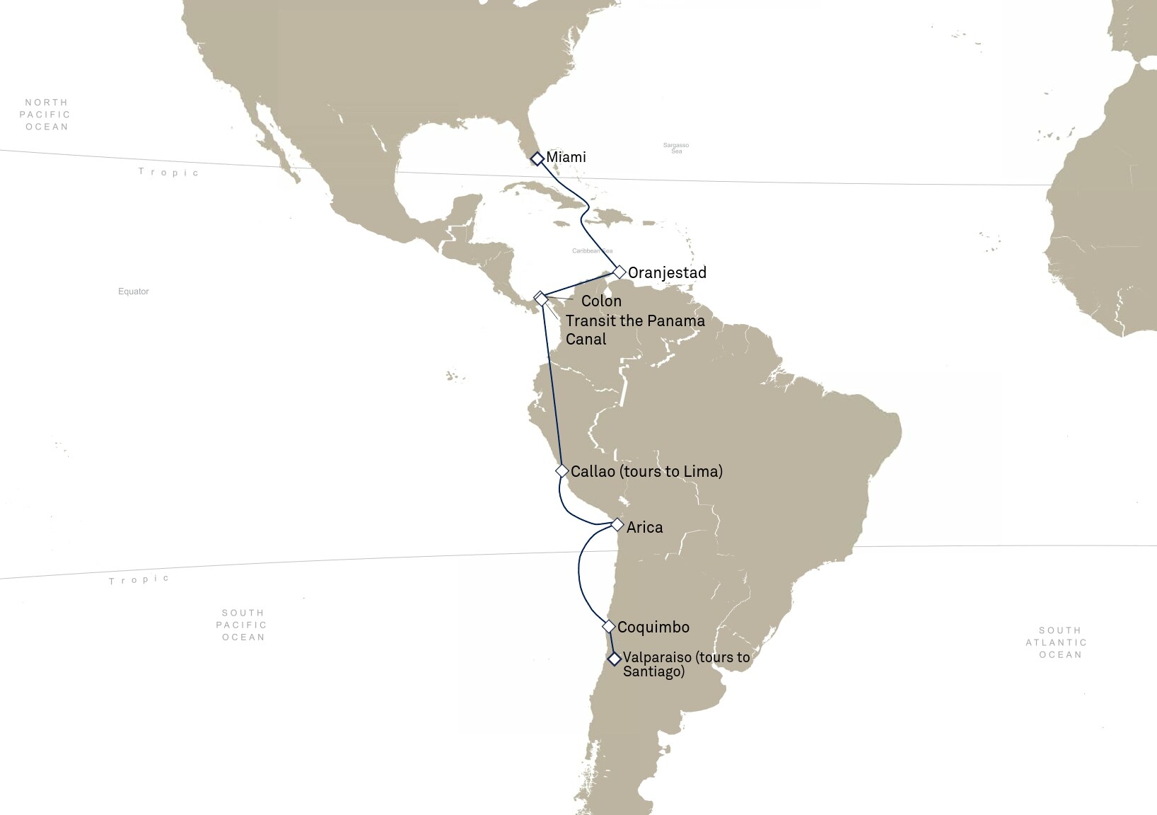 Queen Anne Voyage H906 itinerary map: Valparaiso (tours to Santiago) , Chile to Miami, FL, USA, March 5-23, 2029