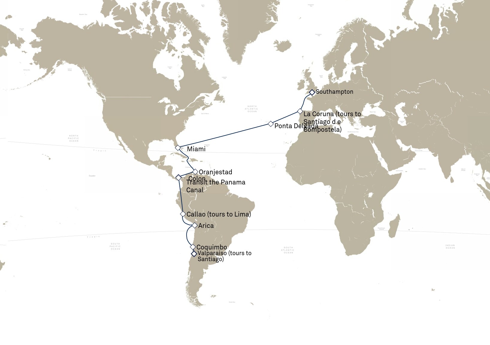 Queen Anne Voyage H906A itinerary map: Valparaiso (tours to Santiago) , Chile to Southampton, England, UK, March 5-April 5, 2029