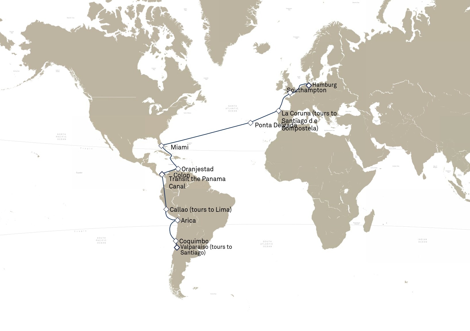 Queen Anne Voyage H906B itinerary map: Valparaiso (tours to Santiago) , Chile to Hamburg, Germany, March 5-April 7, 2029