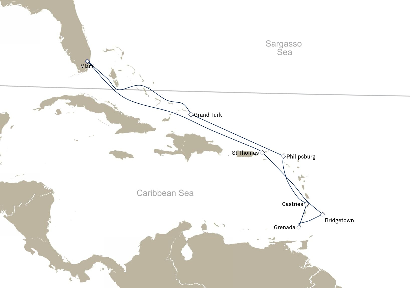 Queen Elizabeth Voyage Q836 itinerary map: Miami, FL, USA to Miami, FL, USA, December 14-28, 2028