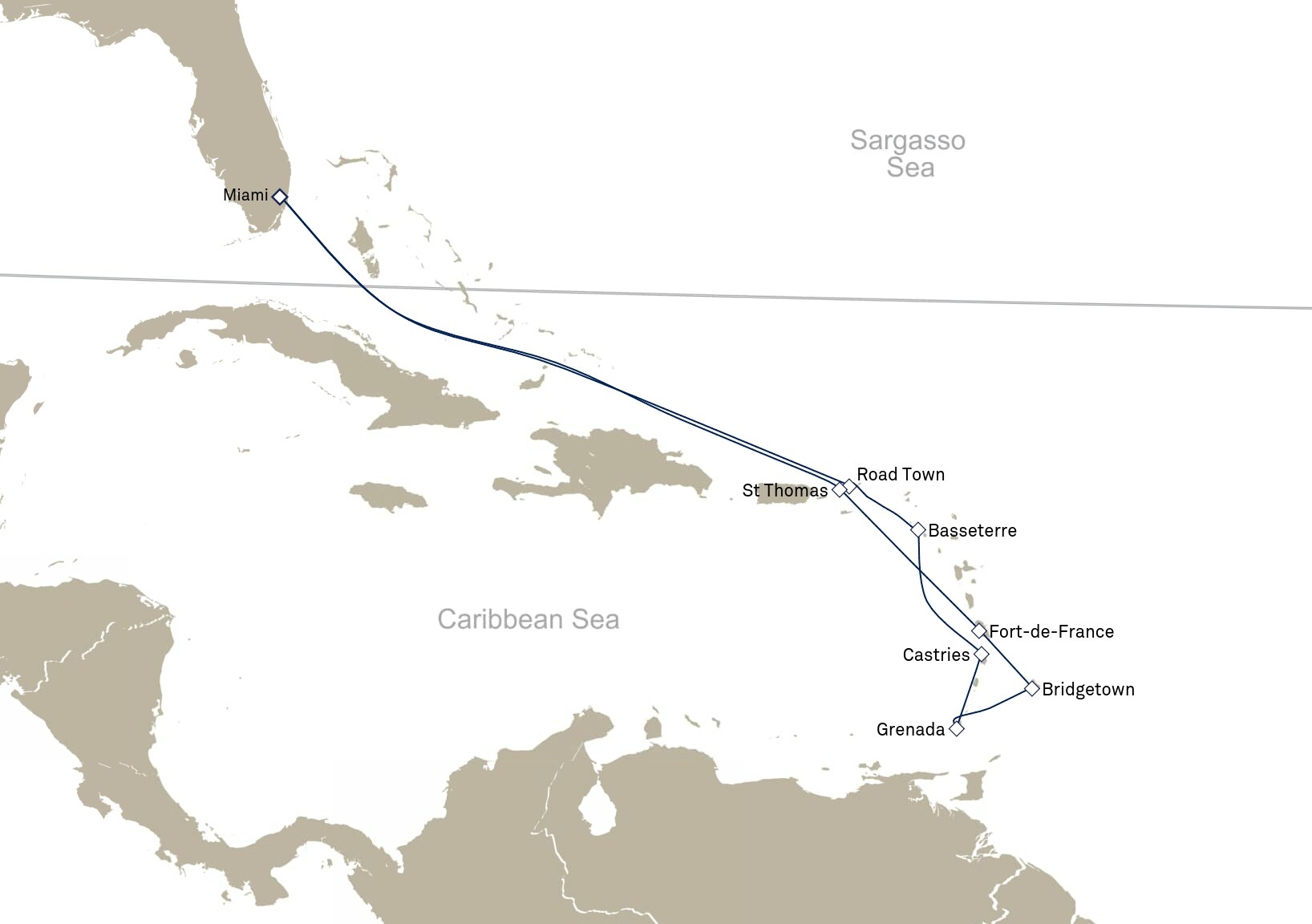 Queen Elizabeth Voyage Q901 itinerary map: Miami, FL, USA to Miami, FL, USA, December 28, 2028–January 11, 2029
