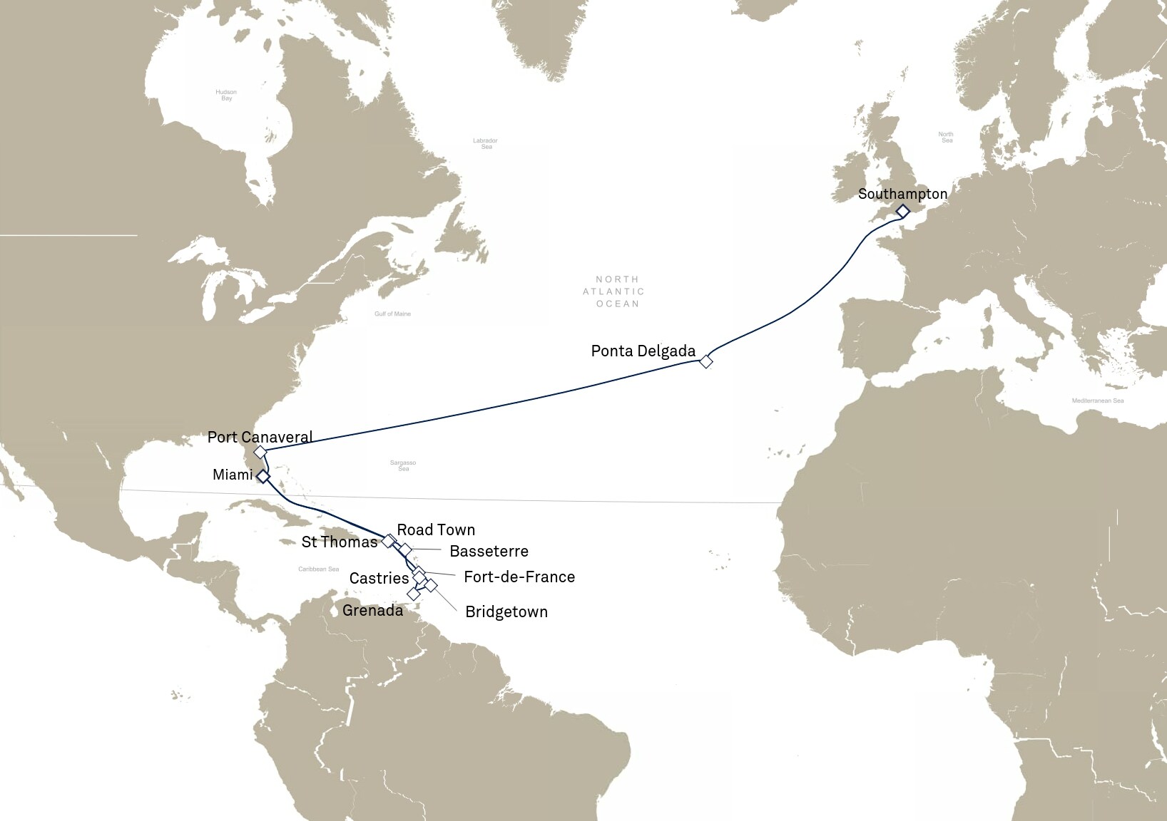 Queen Elizabeth Voyage Q901A itinerary map: Miami, FL, USA to Southampton, England, UK, December 28, 2028–January 23, 2029