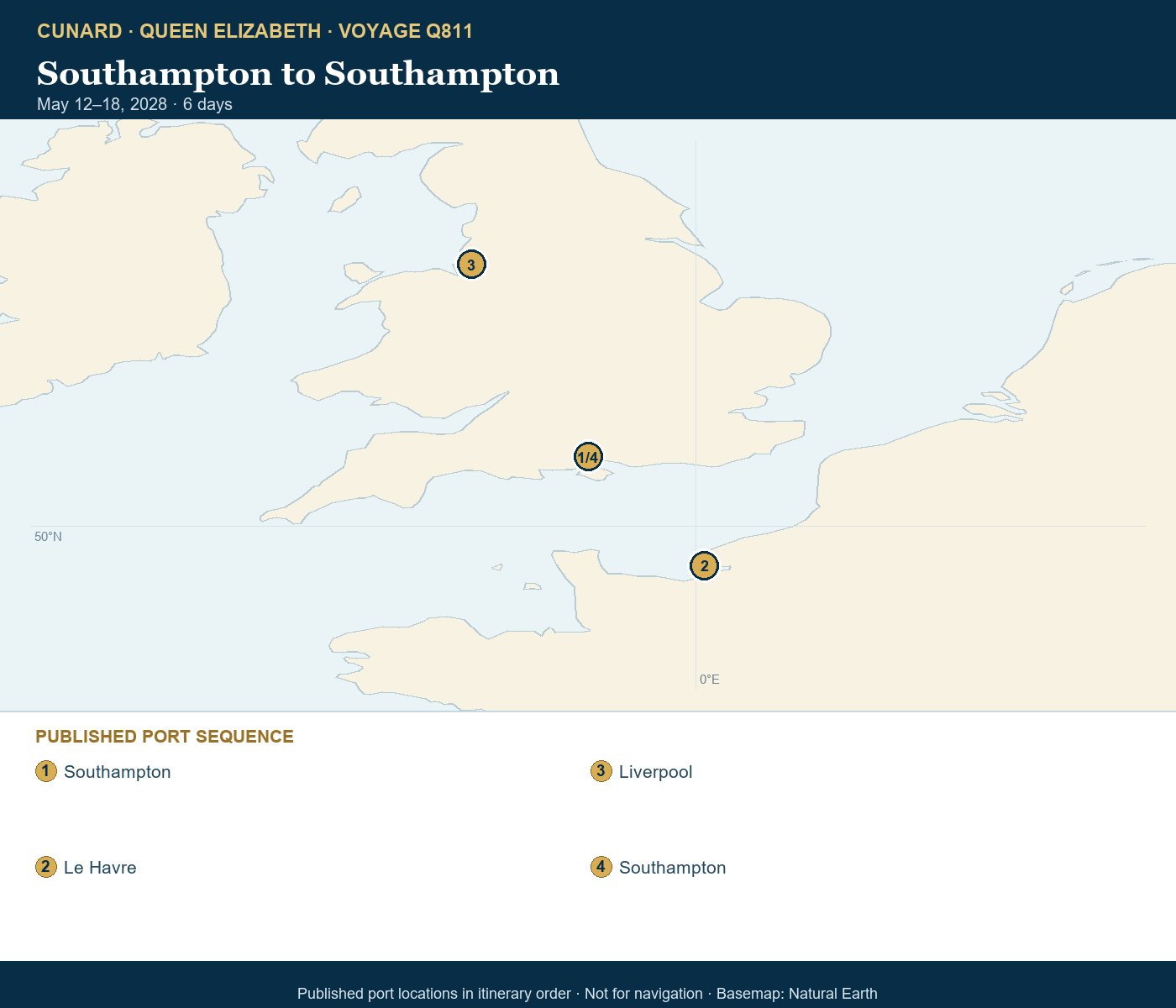 Queen Elizabeth Voyage Q811 schematic itinerary map: Southampton round trip via Le Havre and Liverpool