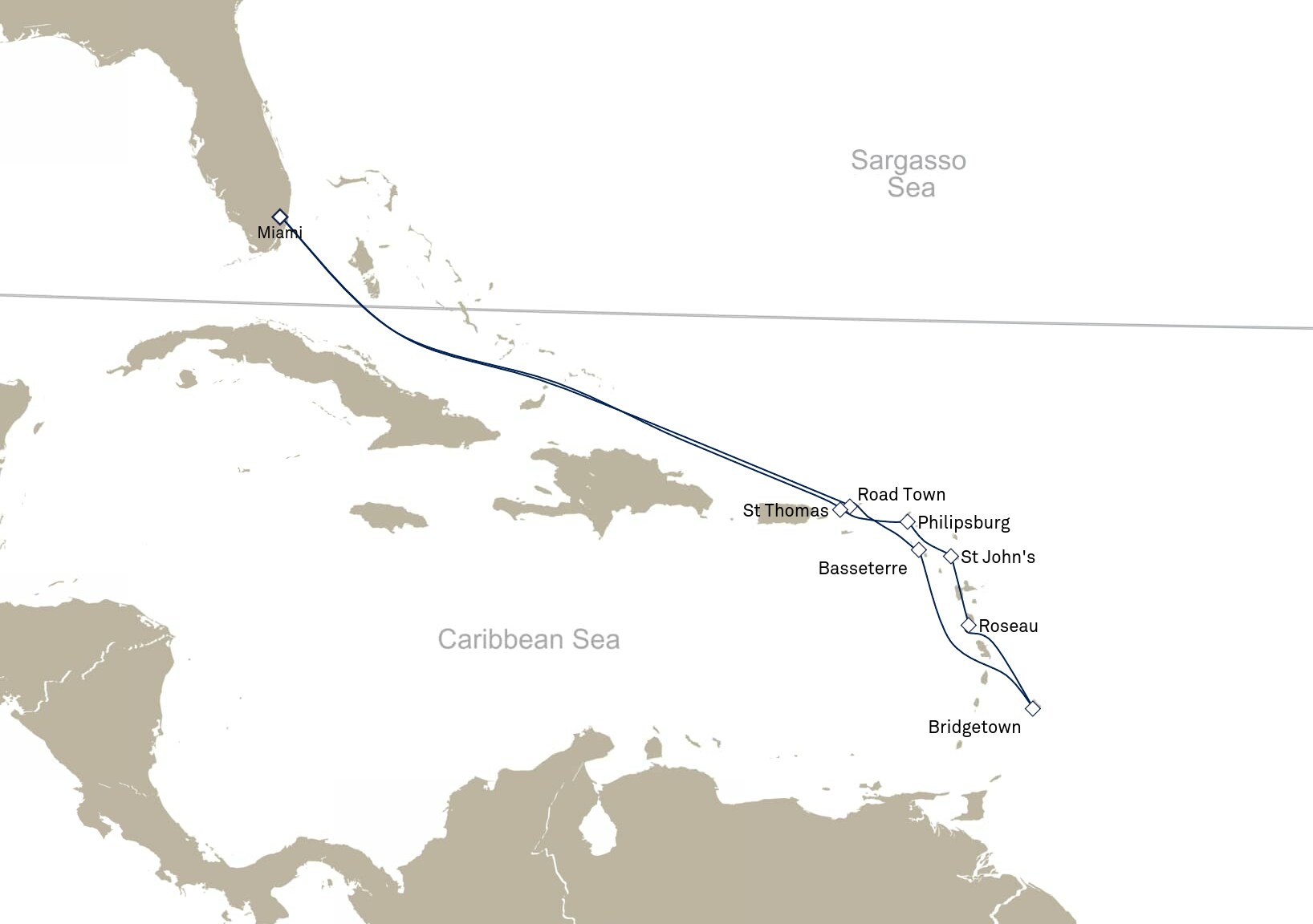 Queen Elizabeth Voyage Q834 itinerary map: Miami, FL, USA to Miami, FL, USA, November 16-30, 2028