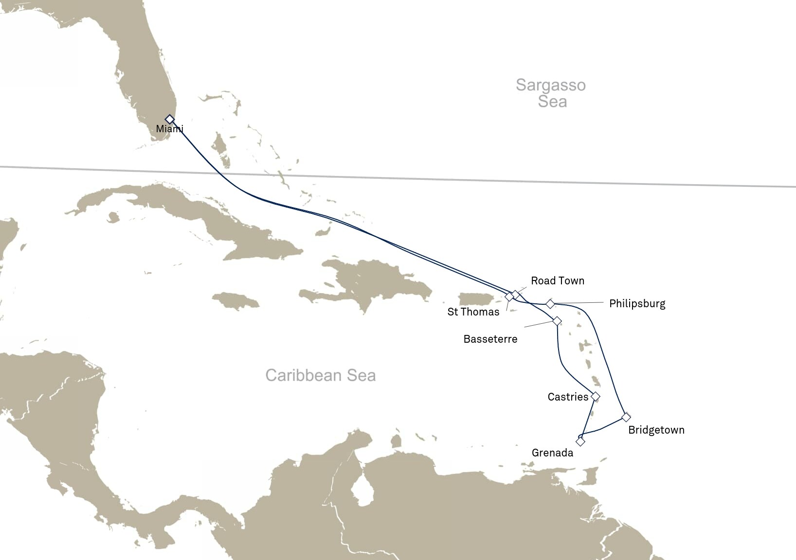 Queen Elizabeth Voyage Q835 itinerary map: Miami, FL, USA to Miami, FL, USA, November 30-December 14, 2028