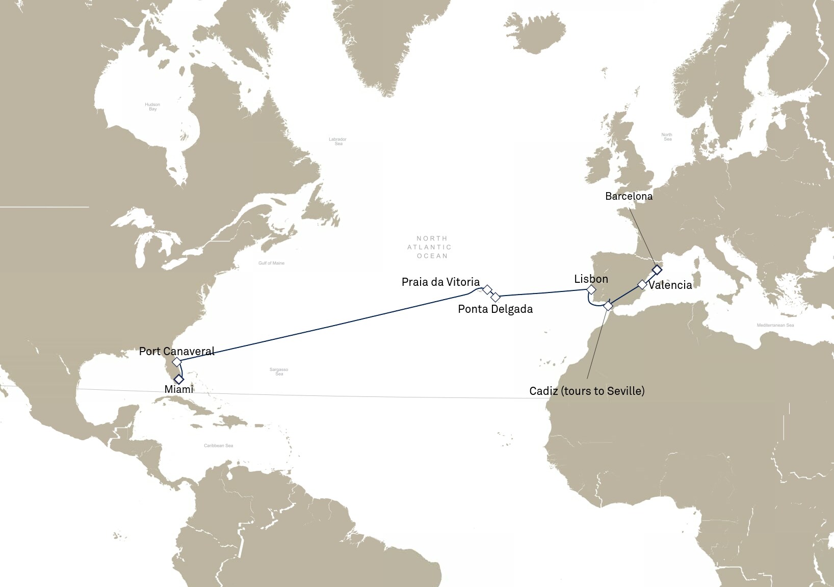 Queen Elizabeth Voyage Q833 itinerary map: Barcelona, Spain to Miami, FL, USA, October 31-November 16, 2028
