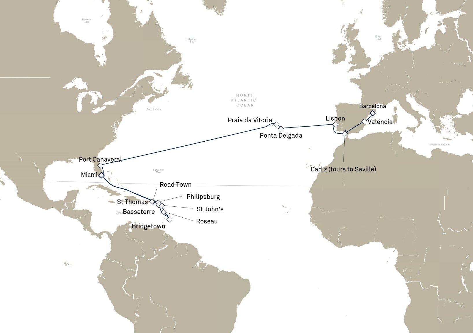 Queen Elizabeth Voyage Q833A itinerary map: Barcelona, Spain to Miami, FL, USA, October 31-November 30, 2028