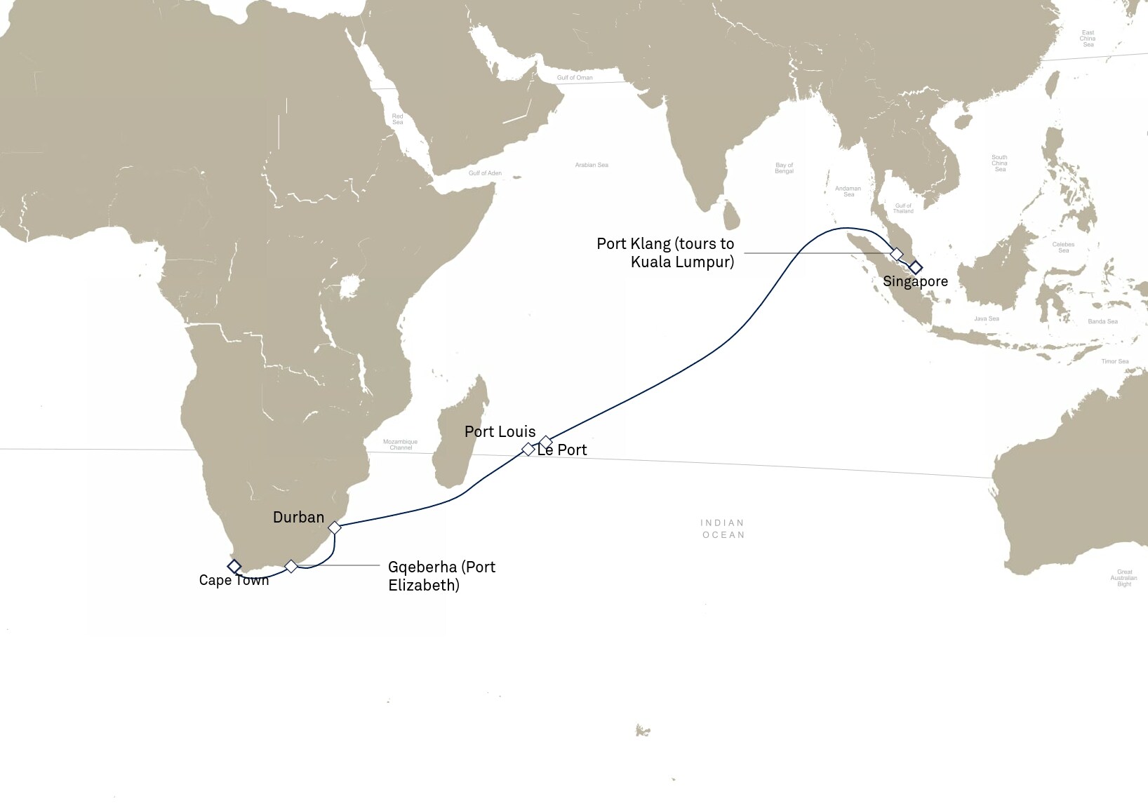 Queen Elizabeth Voyage Q904A itinerary map: Cape Town, South Africa to Singapore, February 10-March 1, 2029