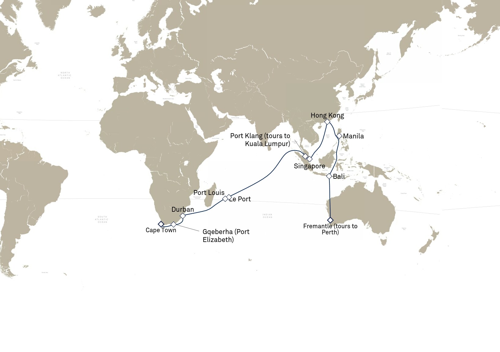 Queen Elizabeth Voyage Q904B itinerary map: Cape Town, South Africa to Fremantle (tours to Perth), WA , Australia, February 10-March 16, 2029