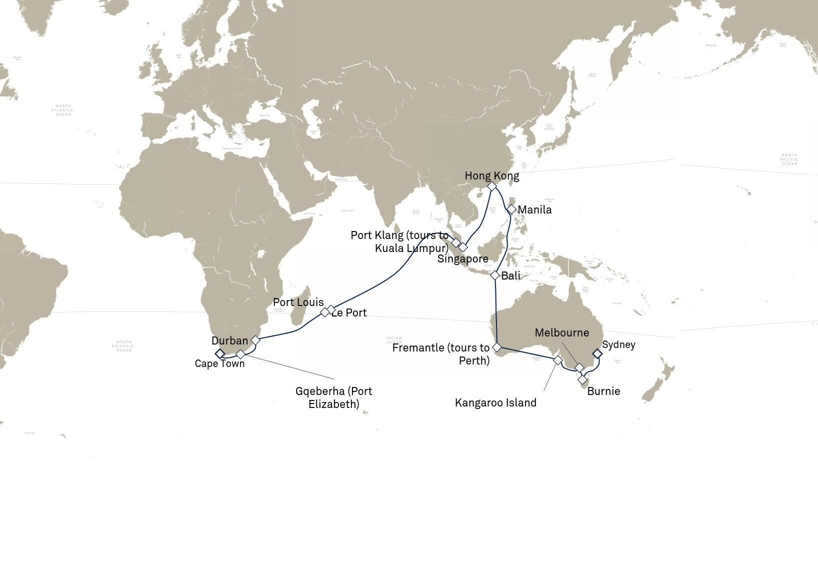 Queen Elizabeth Voyage Q904C itinerary map: Cape Town, South Africa to Sydney, NSW, Australia, February 10-March 25, 2029