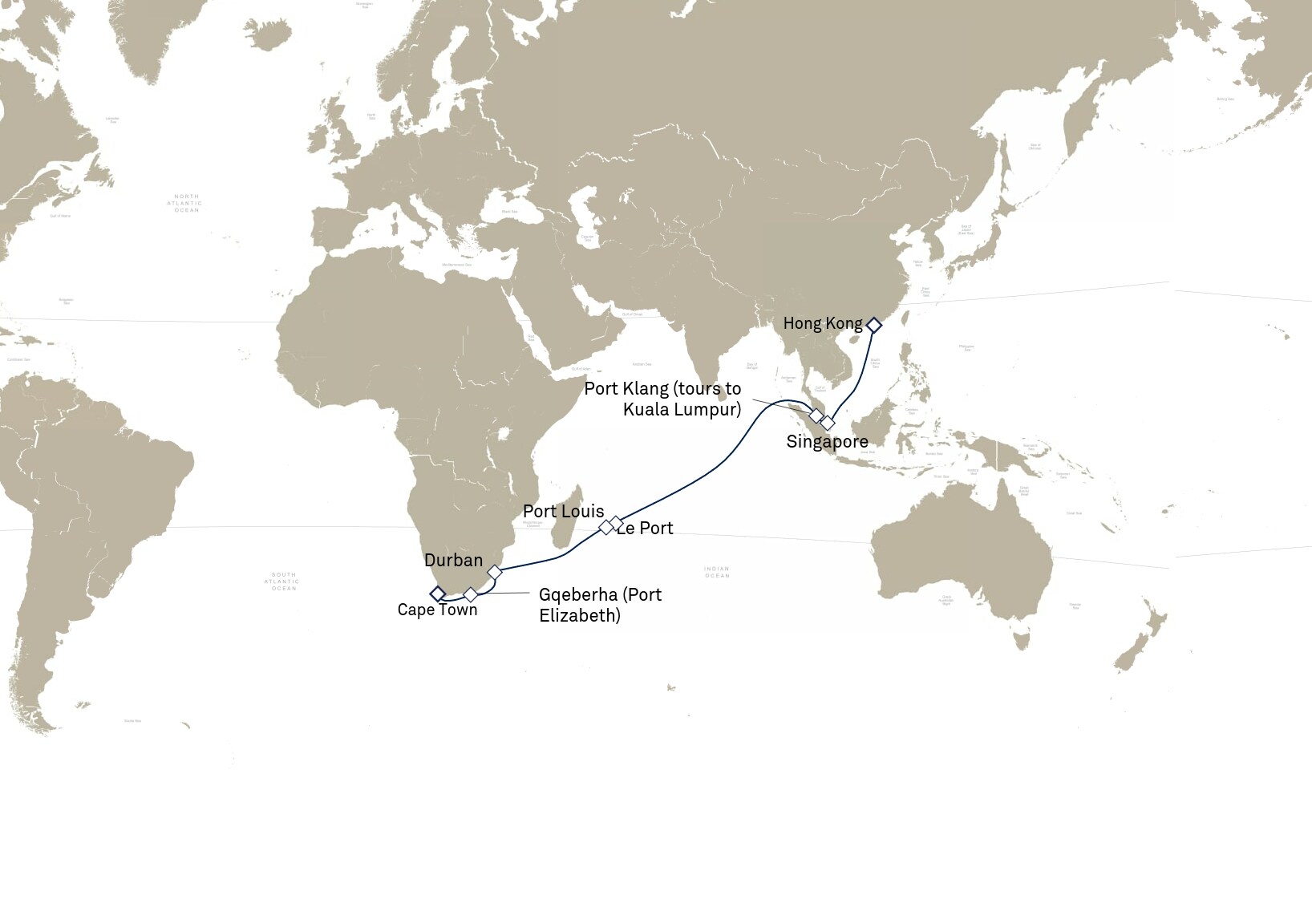 Queen Elizabeth Voyage Q904 itinerary map: Cape Town, South Africa to Hong Kong, China, February 10-March 6, 2029