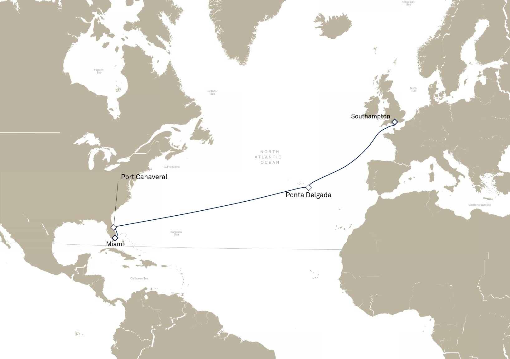 Queen Elizabeth Voyage Q902 itinerary map: Miami, FL, USA to Southampton, England, UK, January 11-23, 2029