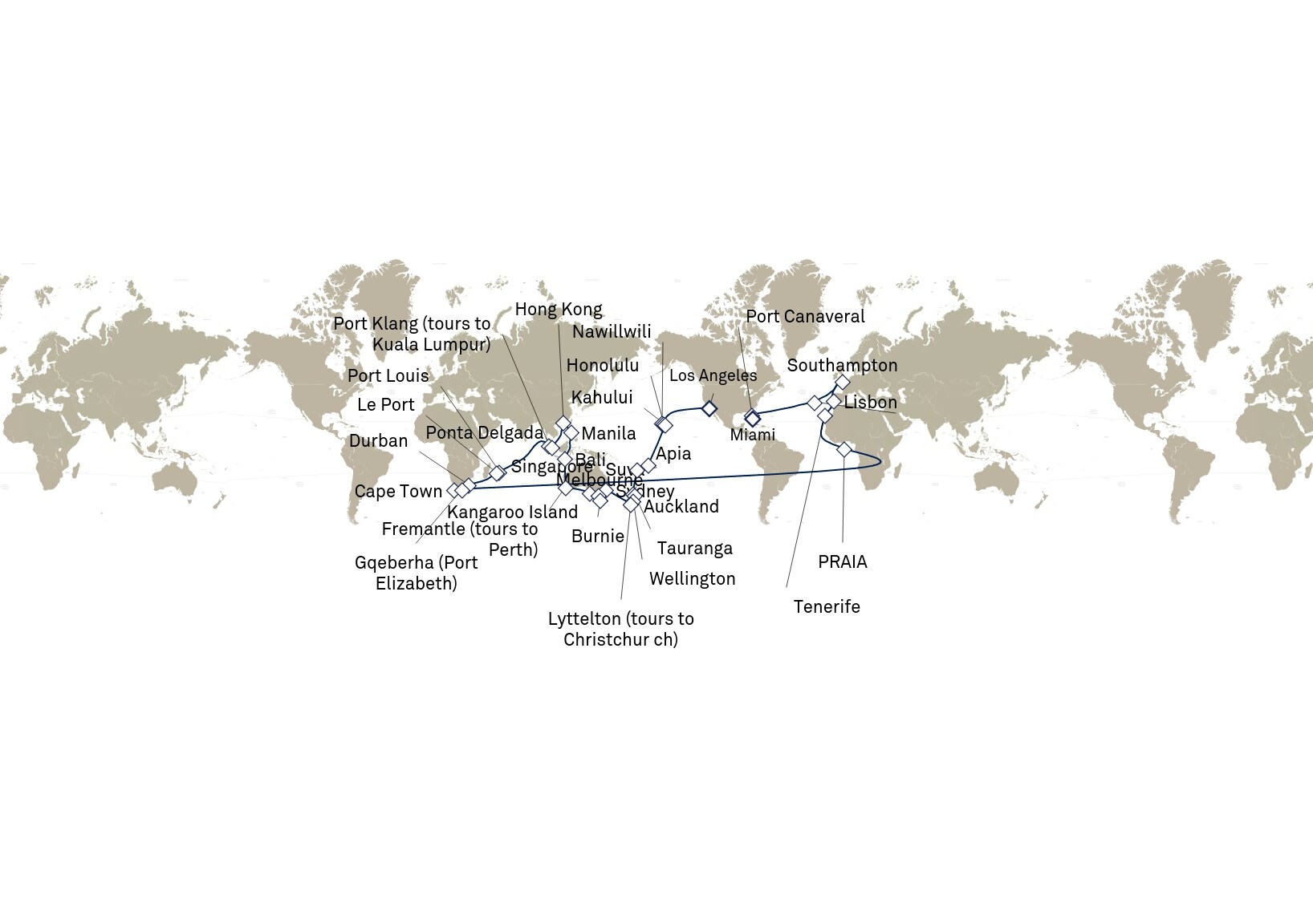 Queen Elizabeth Voyage Q902C itinerary map: Miami, FL, USA to Los Angeles, CA, USA, January 11-April 21, 2029