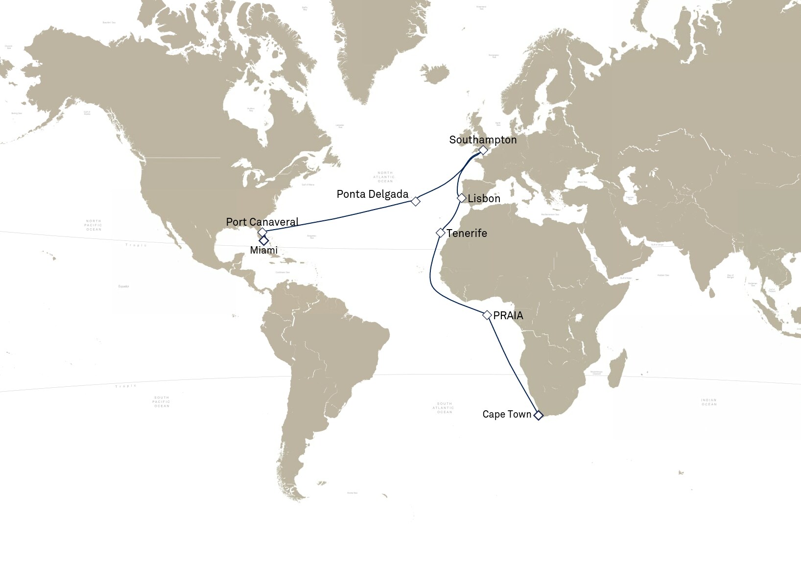 Queen Elizabeth Voyage Q902A itinerary map: Miami, FL, USA to Cape Town, South Africa, January 11-February 10, 2029