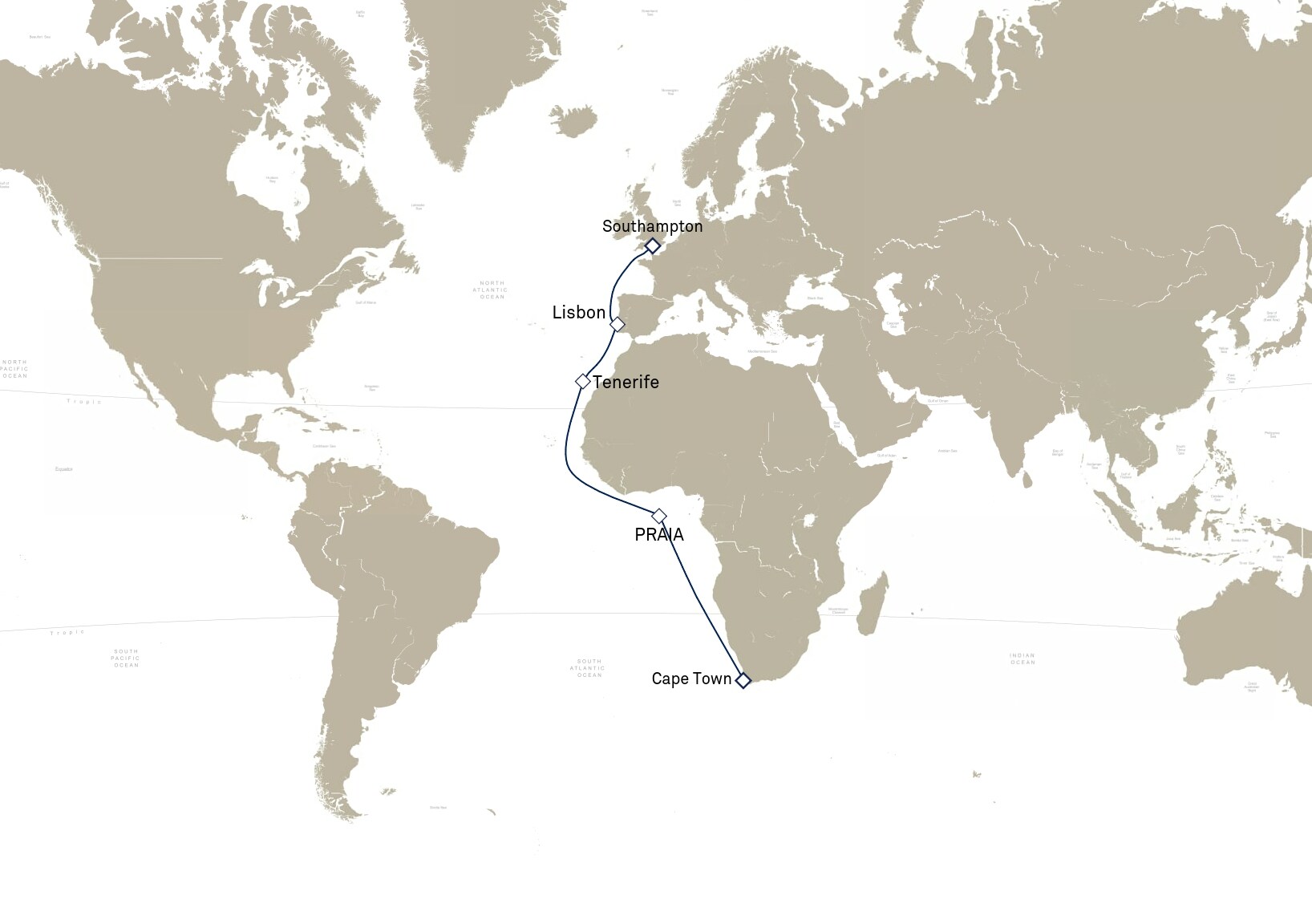 Queen Elizabeth Voyage Q903 itinerary map: Southampton, England, UK to Cape Town, South Africa, January 23-February 10, 2029