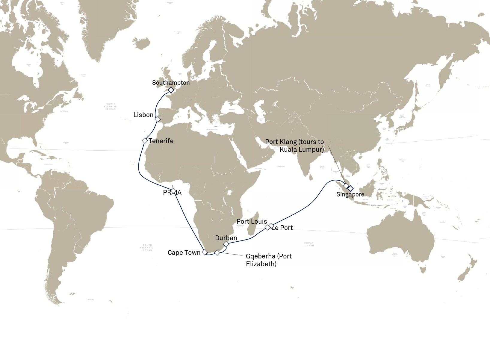 Queen Elizabeth Voyage Q903A itinerary map: Southampton, England, UK to Singapore, January 23-March 1, 2029