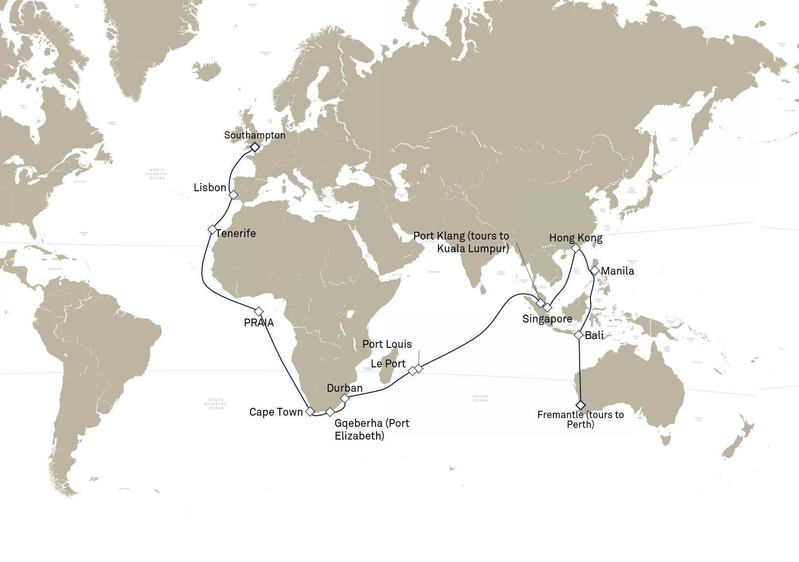 Queen Elizabeth Voyage Q903C itinerary map: Southampton, England, UK to Fremantle (tours to Perth), WA , Australia, January 23-March 16, 2029