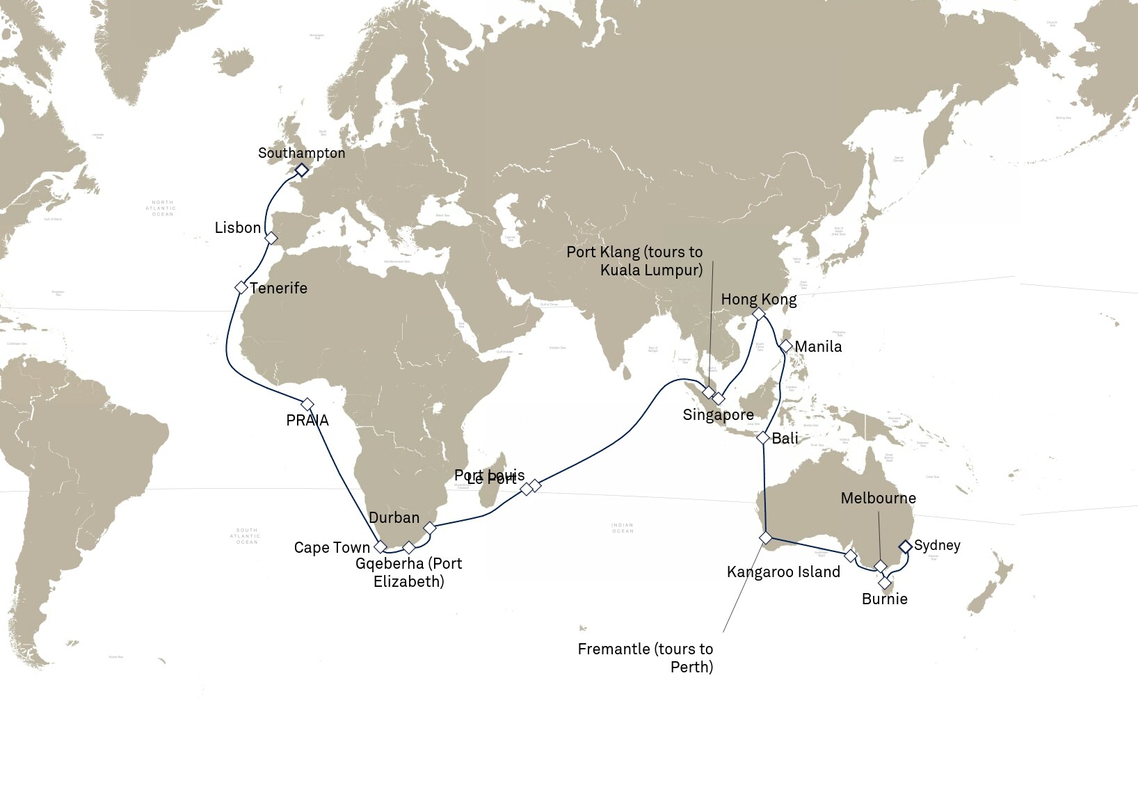 Queen Elizabeth Voyage Q903D itinerary map: Southampton, England, UK to Sydney, NSW, Australia, January 23-March 25, 2029