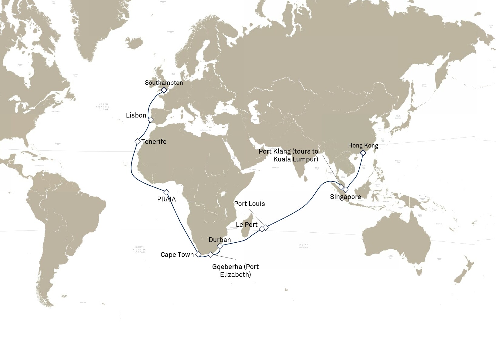 Queen Elizabeth Voyage Q903B itinerary map: Southampton, England, UK to Hong Kong, China, January 23-March 6, 2029