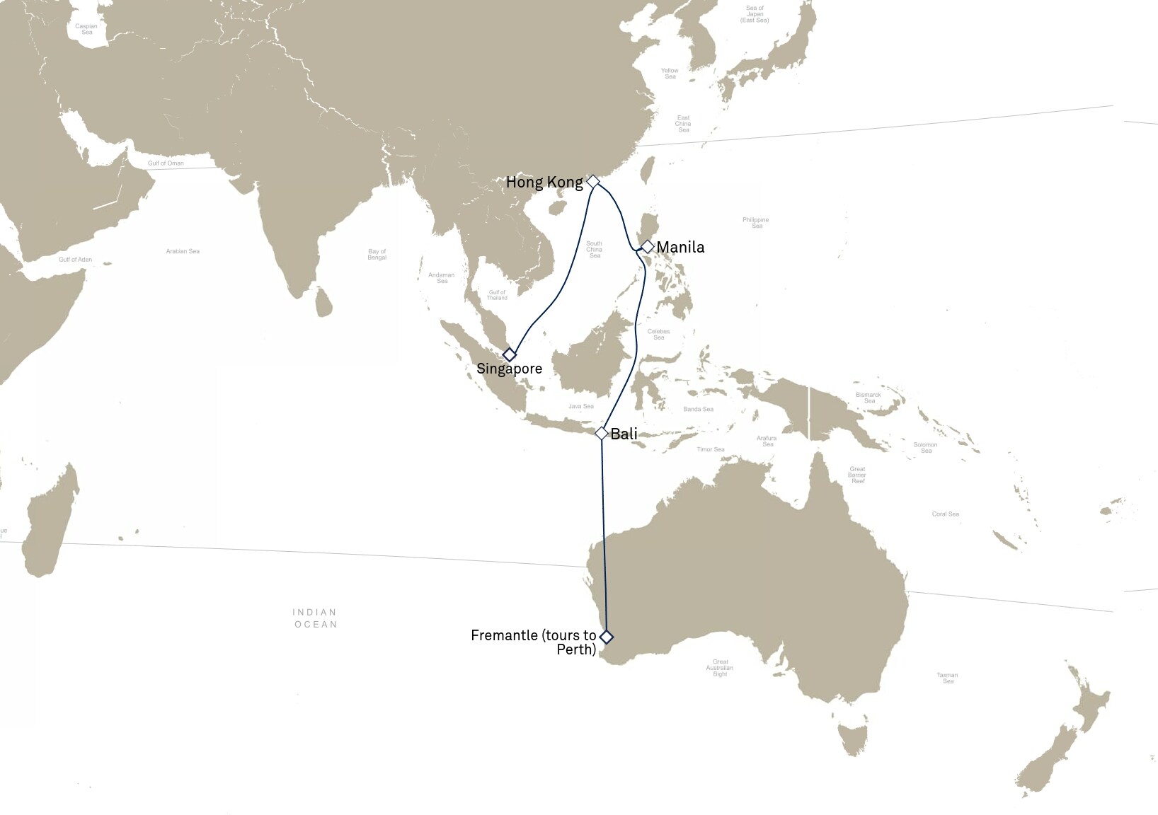 Queen Elizabeth Voyage Q904E itinerary map: Singapore to Fremantle (tours to Perth), WA , Australia, March 1-16, 2029