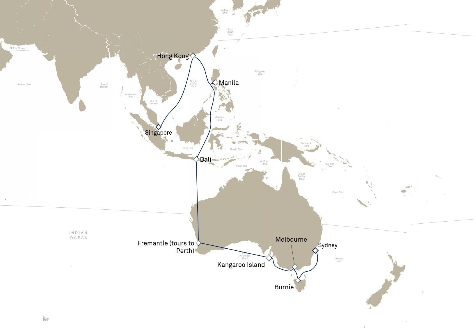 Queen Elizabeth Voyage Q904F itinerary map: Singapore to Sydney, NSW, Australia, March 1-25, 2029