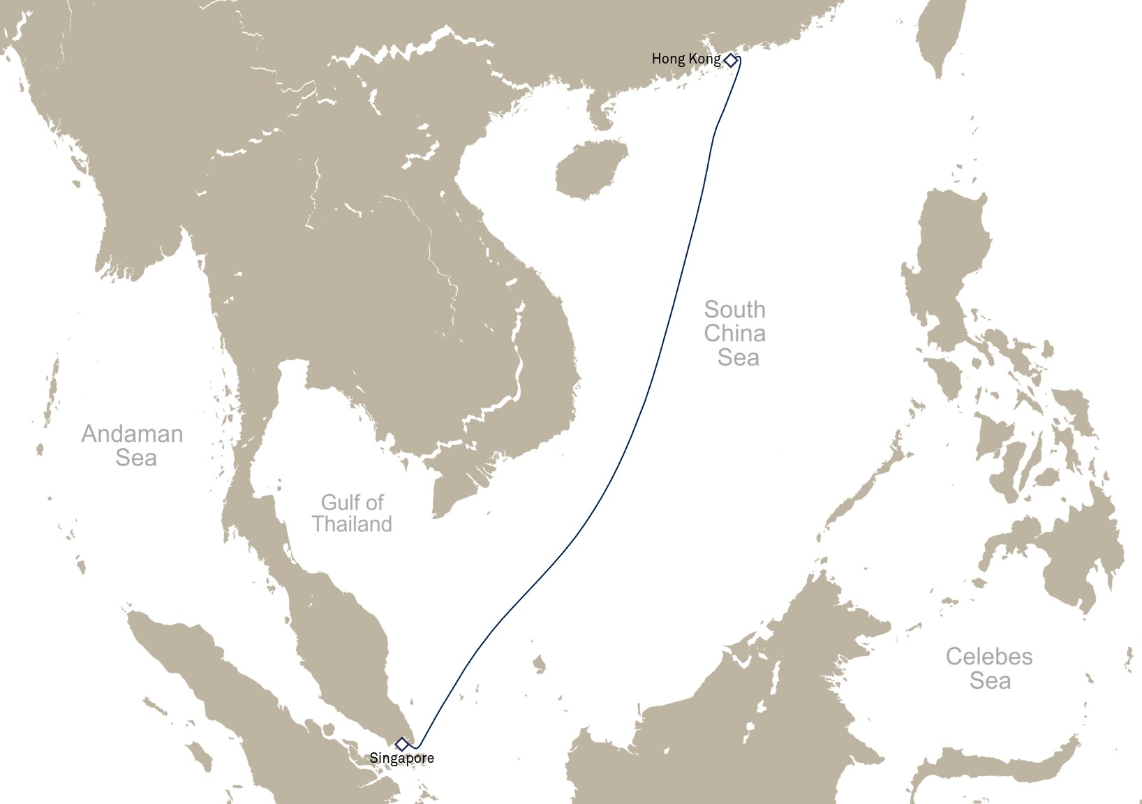 Queen Elizabeth Voyage Q904D itinerary map: Singapore to Hong Kong, China, March 1-6, 2029