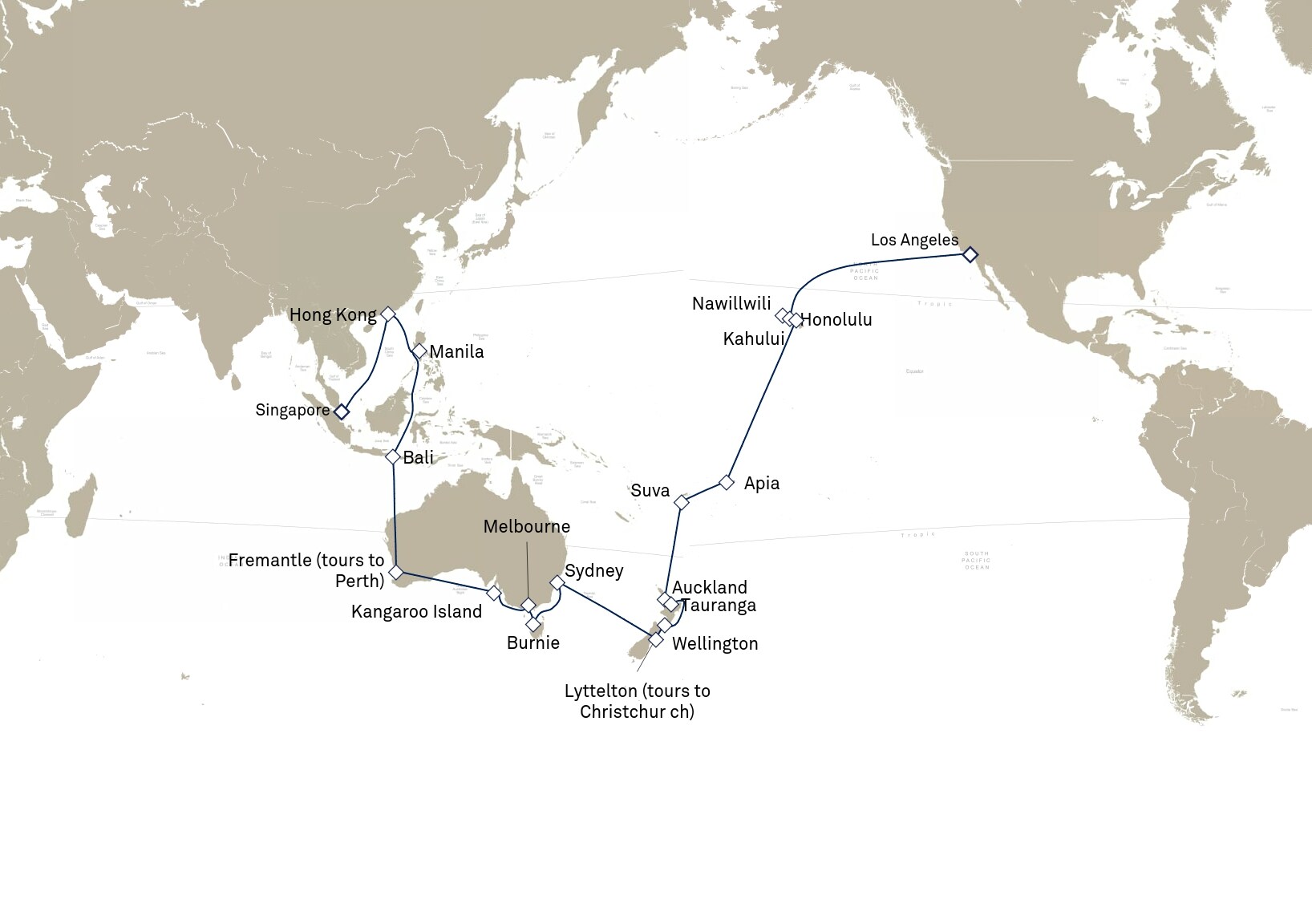 Queen Elizabeth Voyage Q904G itinerary map: Singapore to Los Angeles, CA, USA, March 1-April 21, 2029