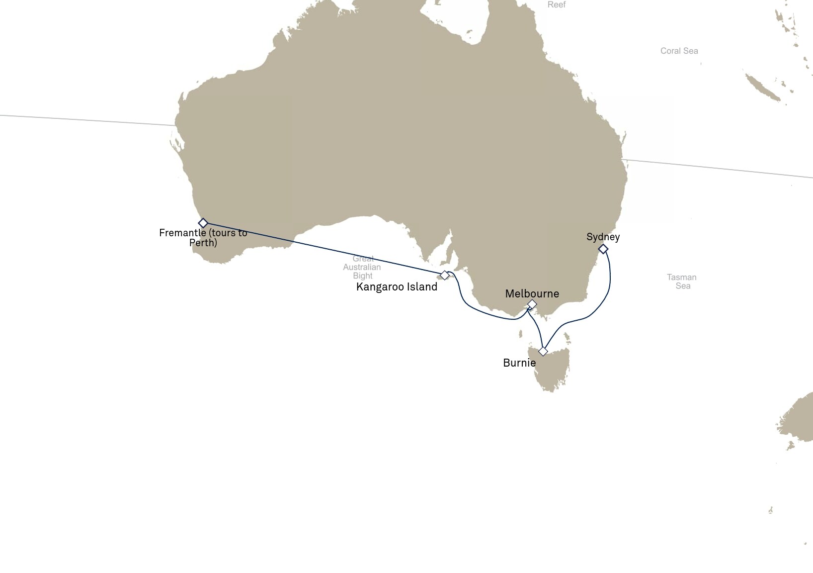 Queen Elizabeth Voyage Q905D itinerary map: Fremantle (tours to Perth), WA , Australia to Sydney, NSW, Australia, March 16-25, 2029