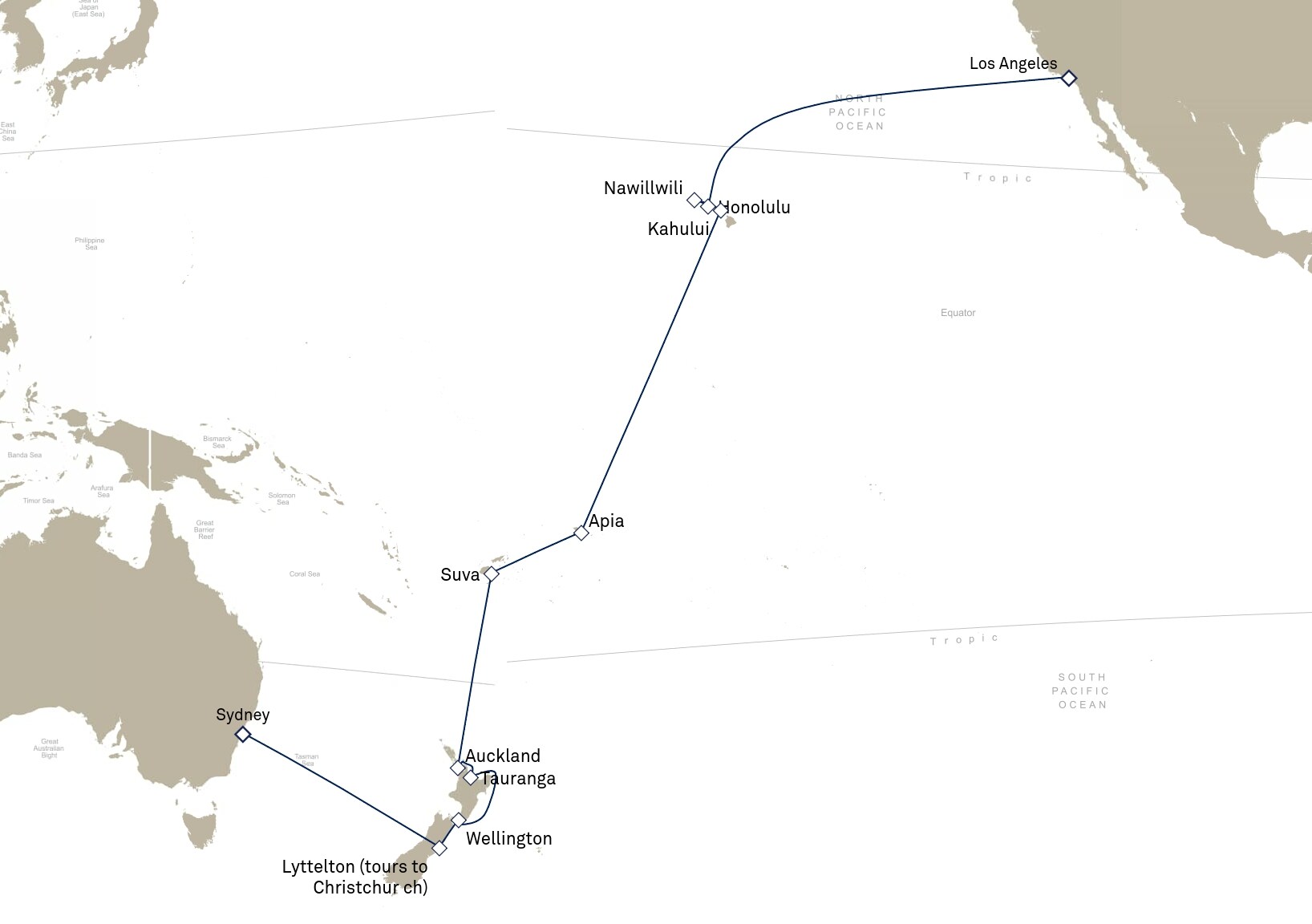 Queen Elizabeth Voyage Q906 itinerary map: Sydney, NSW, Australia to Los Angeles, CA, USA, March 25-April 21, 2029