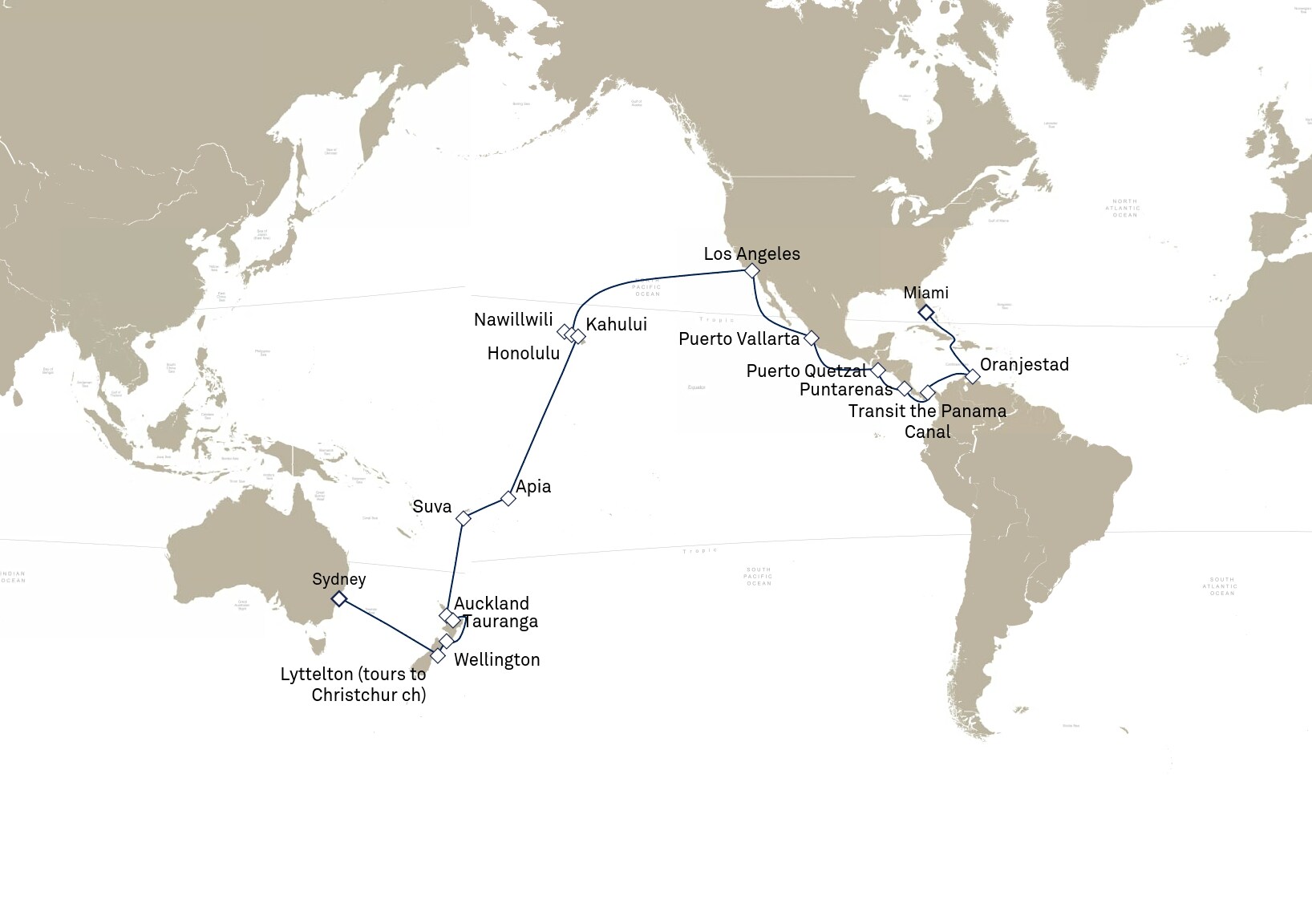 Queen Elizabeth Voyage Q906B itinerary map: Sydney, NSW, Australia to Miami, FL, USA, March 25-May 6, 2029