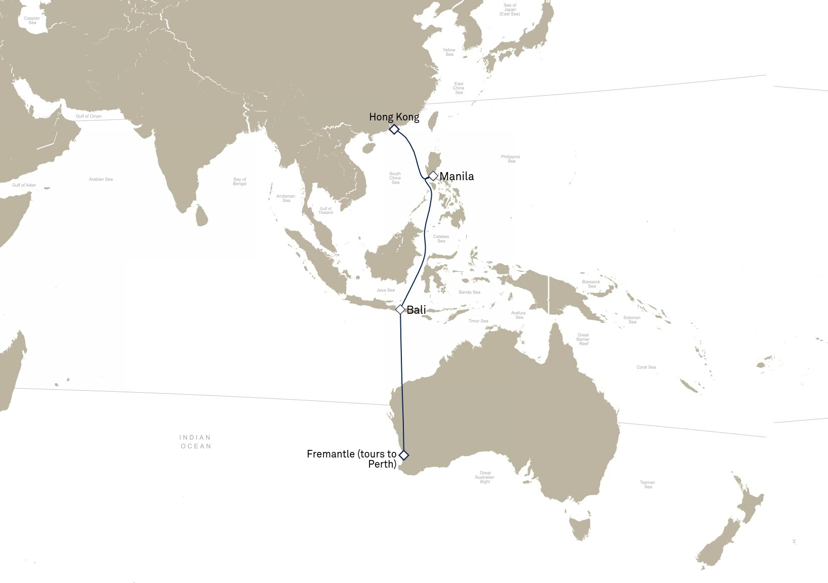 Queen Elizabeth Voyage Q905A itinerary map: Hong Kong, China to Fremantle (tours to Perth), WA , Australia, March 6-16, 2029