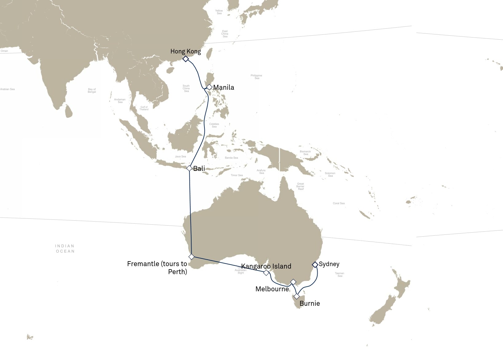 Queen Elizabeth Voyage Q905 itinerary map: Hong Kong, China to Sydney, NSW, Australia, March 6-25, 2029